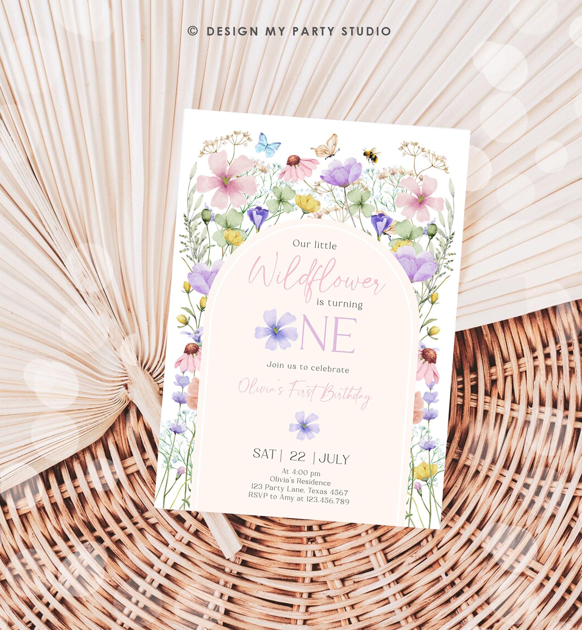 Editable Wildflowers Birthday Invitation Floral 1st Birthday Party Invite Garden Birthday Girl Digital Download Template Printable 0543