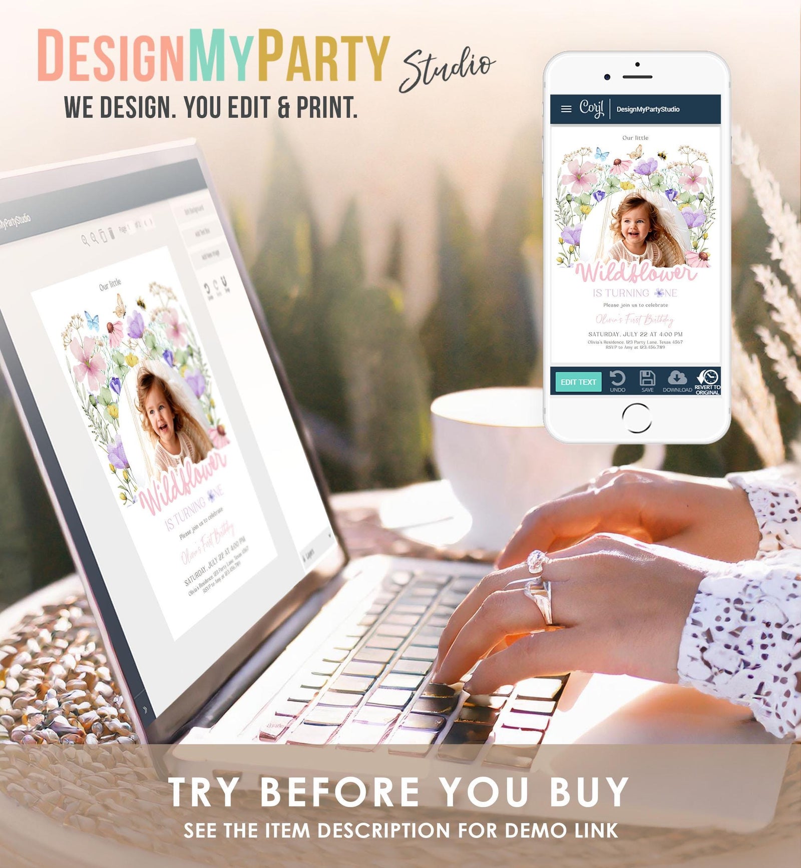 Editable Wildflowers Birthday Invitation Floral 1st Birthday Party Invite Garden Birthday Girl Digital Download Template Printable 0543