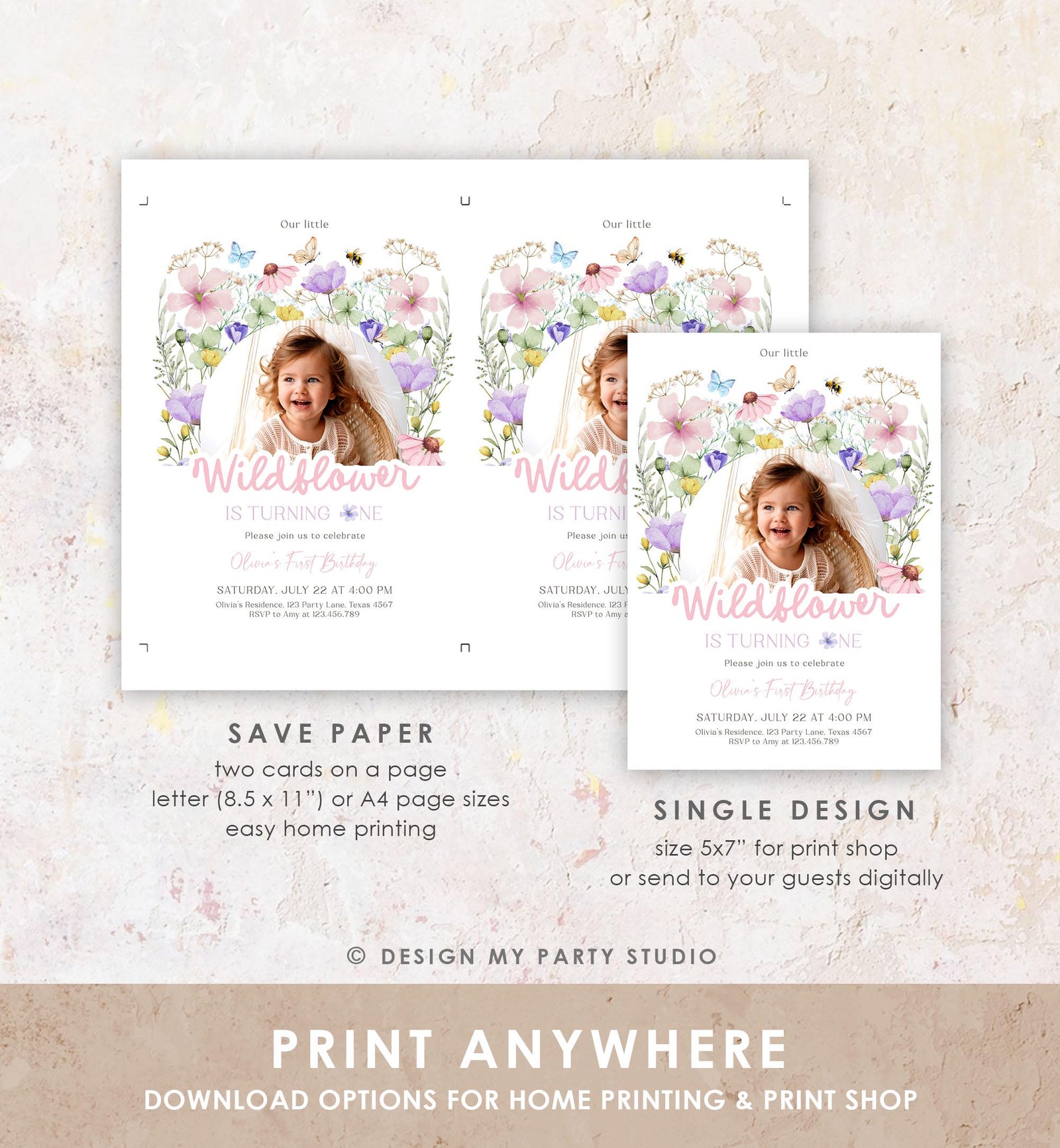 Editable Wildflowers Birthday Invitation Floral 1st Birthday Party Invite Garden Birthday Girl Digital Download Template Printable 0543