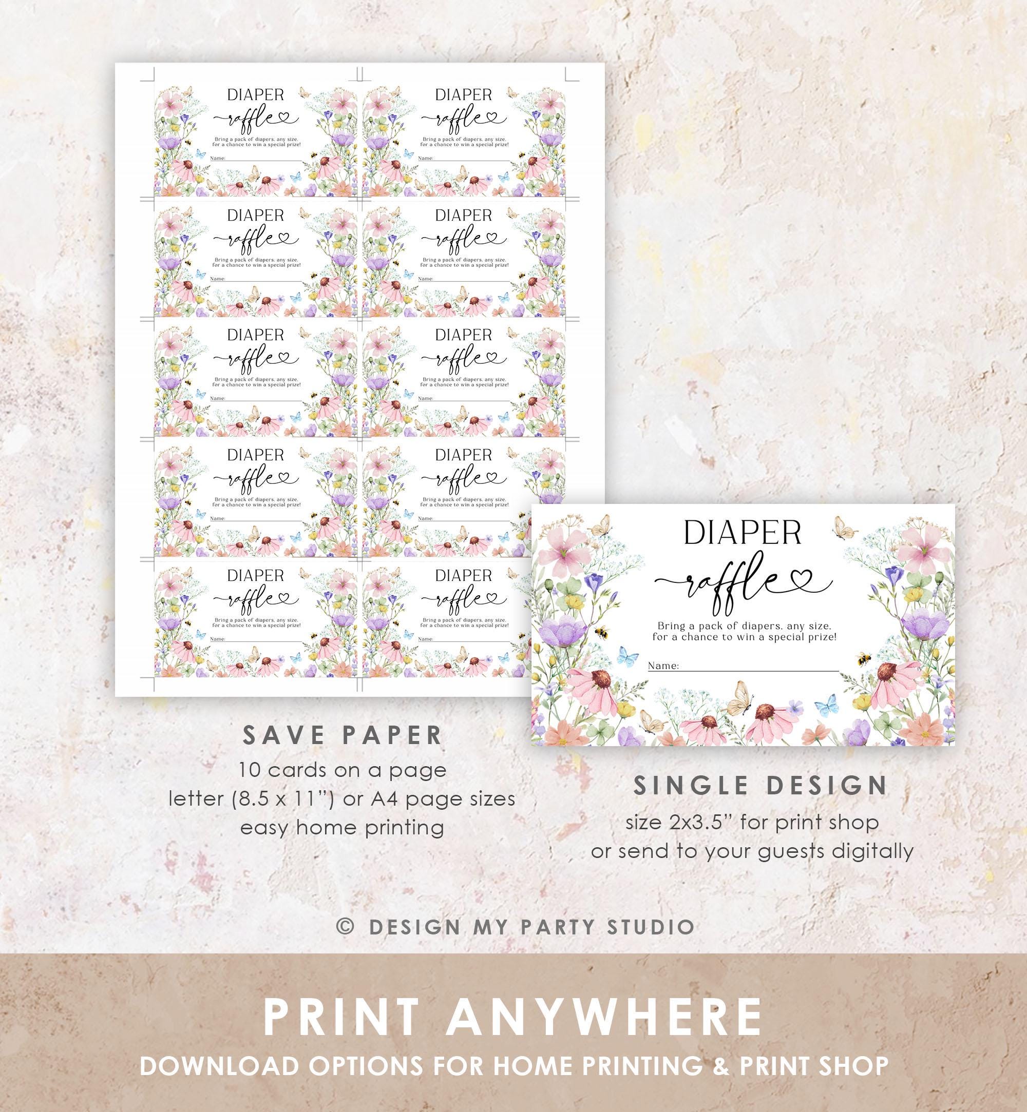 Editable Baby in Bloom Diaper Raffle Ticket Bloom Baby Shower Wildflowers Diaper Game Spring Diaper Ticket Digital Template Printable 0543