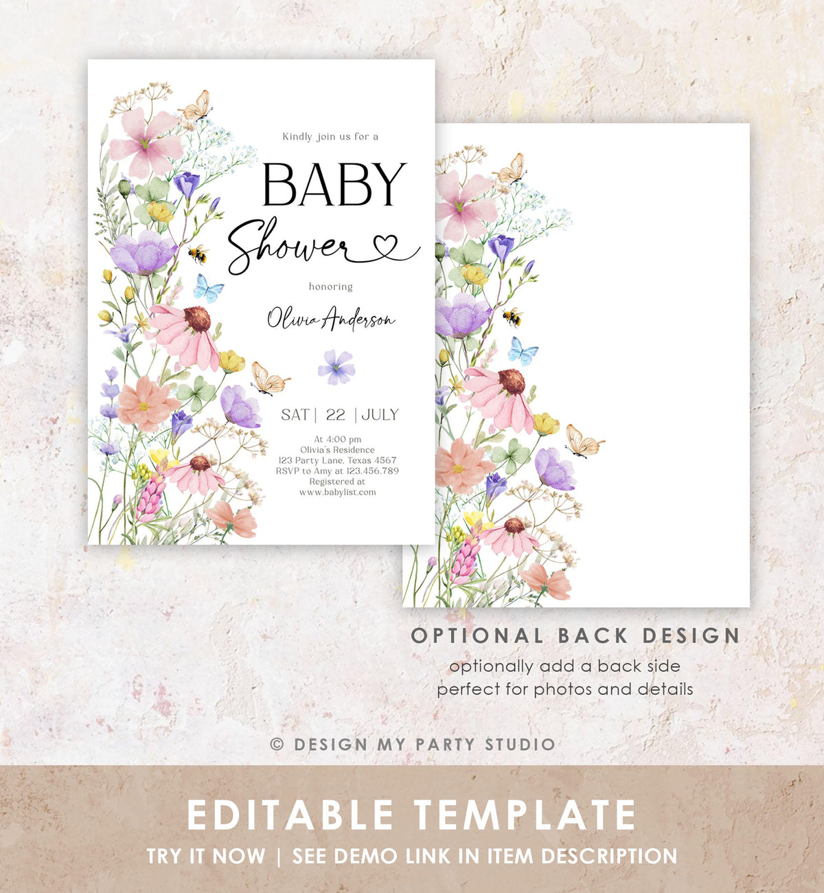 Editable Baby in Bloom Baby Shower Invitation Bundle Wildflower Baby Shower Invitation Suite Girl Digital Download Template Printable 0543