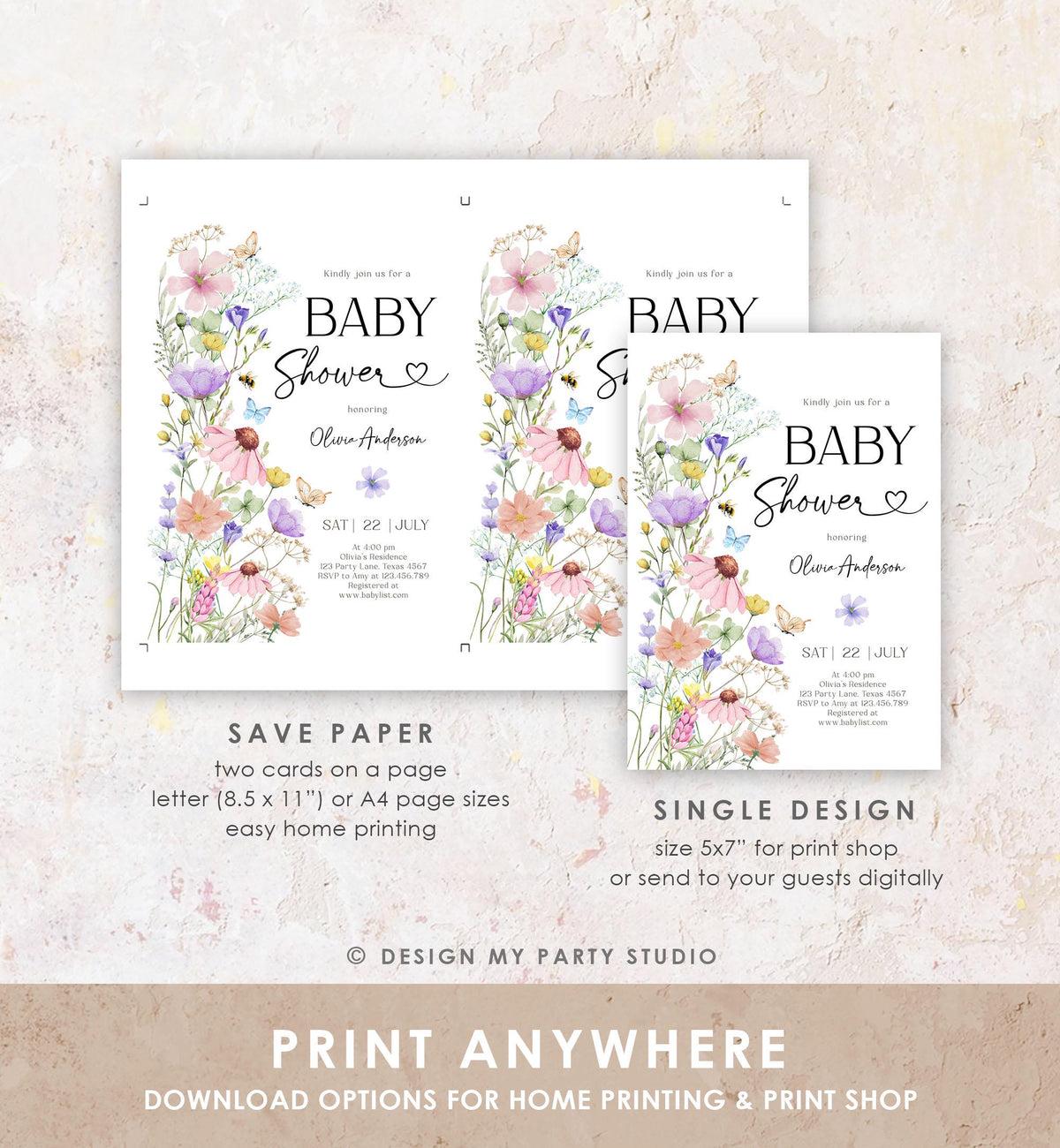 Editable Baby in Bloom Baby Shower Invitation Bundle Wildflower Baby Shower Invitation Suite Girl Digital Download Template Printable 0543