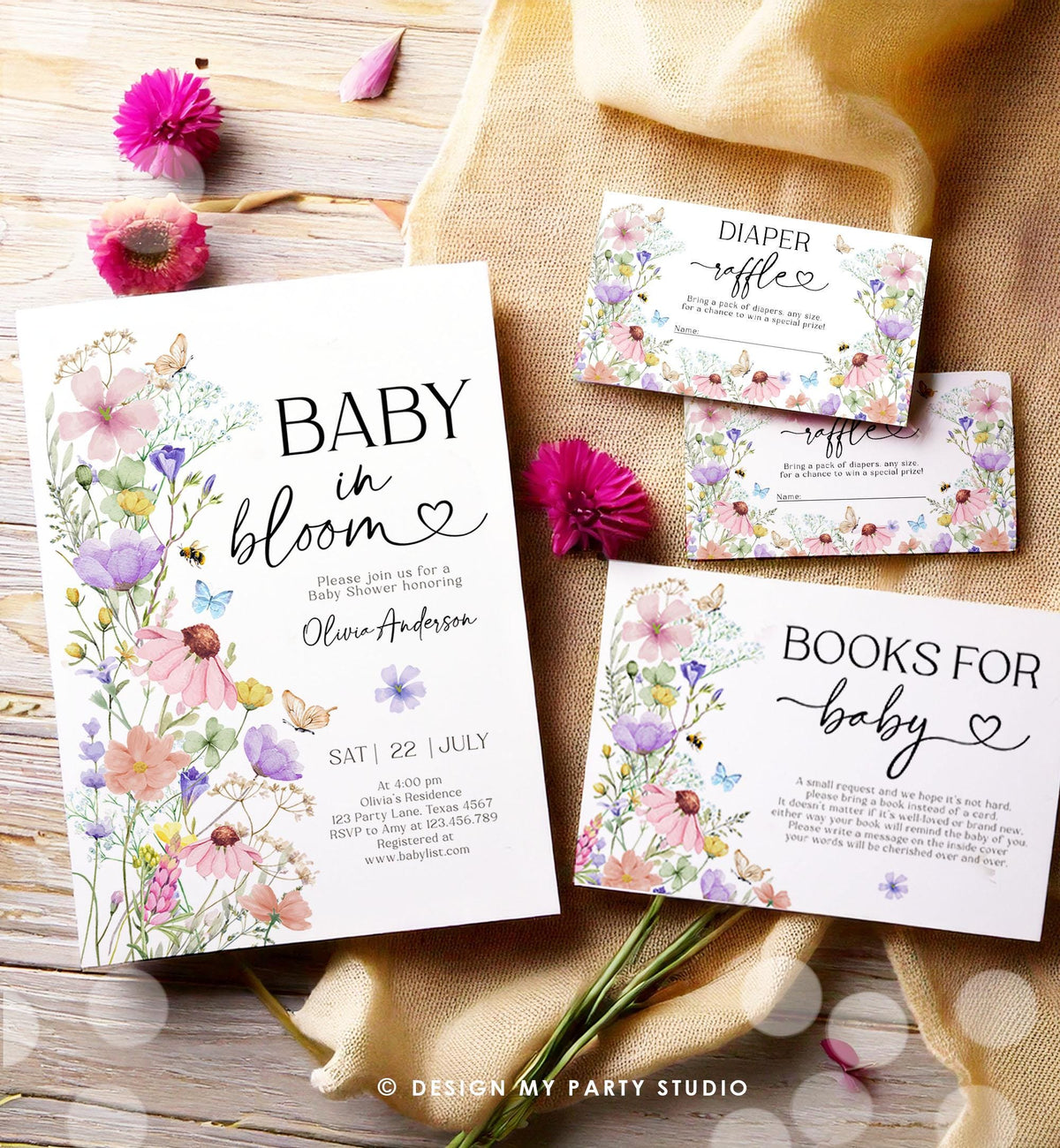 Editable Baby in Bloom Baby Shower Invitation Bundle Wildflower Baby Shower Invitation Suite Girl Digital Download Template Printable 0543