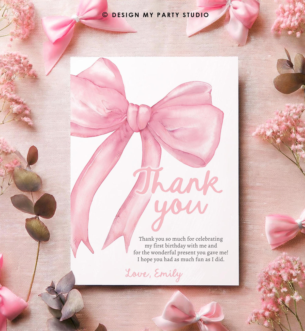 Editable Pink Bow Thank You Card Girls Just Wanna Be One Pink Coquette 1st Birthday Girl Preppy Digital Template Download Printable 0527