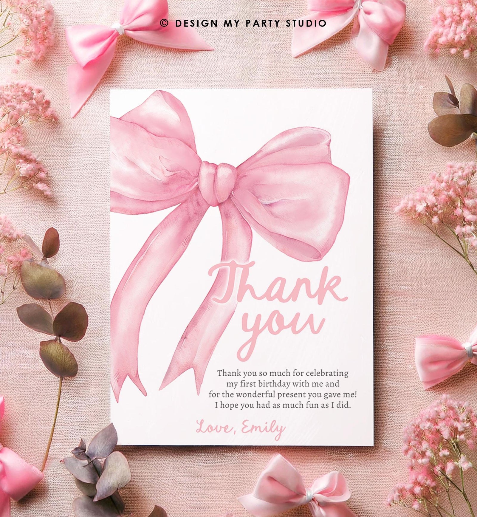Editable Pink Bow Thank You Card Girls Just Wanna Be One Pink Coquette 1st Birthday Girl Preppy Digital Template Download Printable 0527