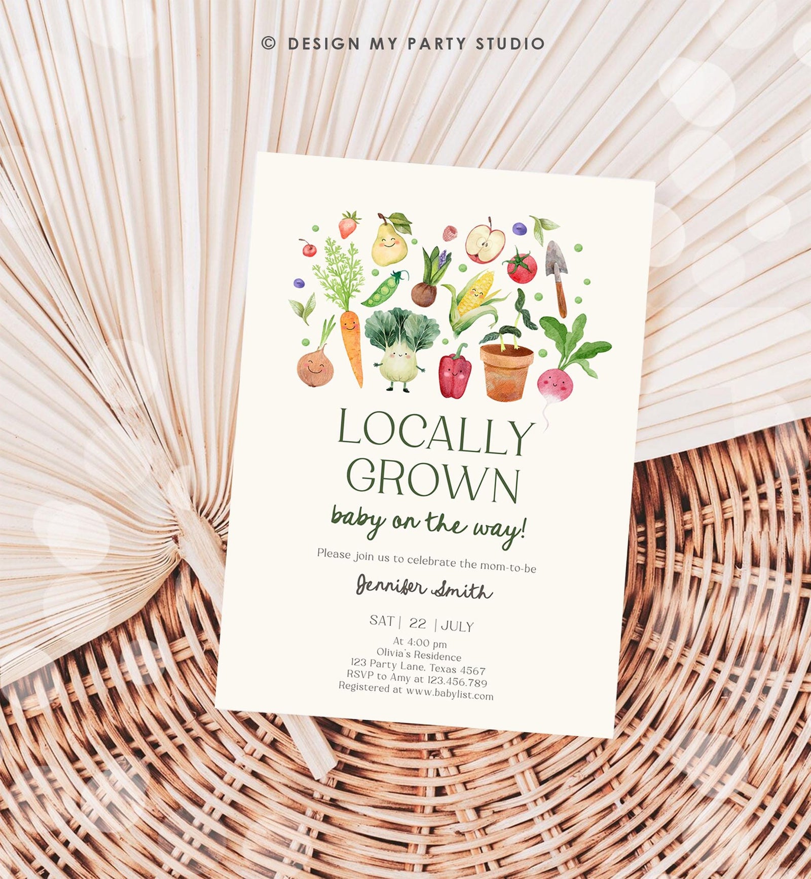 Editable Locally Grown Baby Shower Invitation Farmers Market Fruits and Veggies Vegetable Digital Download Evite Template Printable 0544