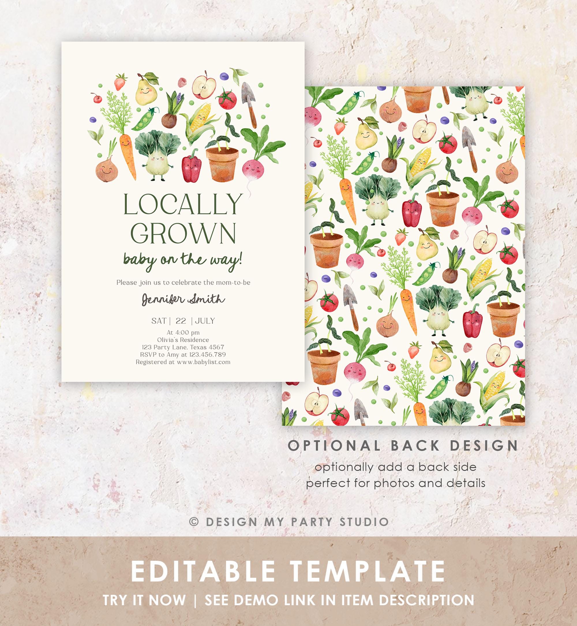 Editable Locally Grown Baby Shower Invitation Farmers Market Fruits and Veggies Vegetable Digital Download Evite Template Printable 0544