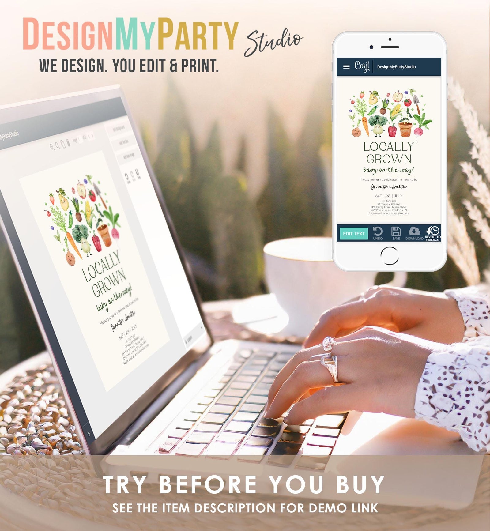 Editable Locally Grown Baby Shower Invitation Farmers Market Fruits and Veggies Vegetable Digital Download Evite Template Printable 0544