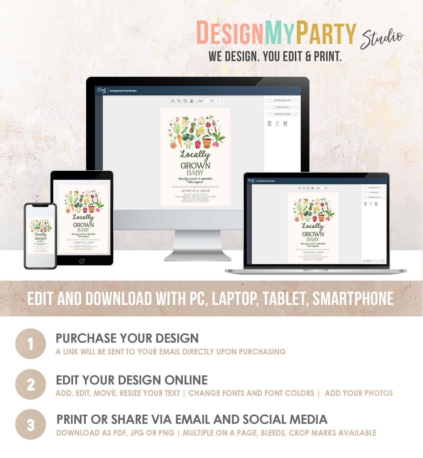 Editable Locally Grown Baby Shower Invitation Farmers Market Fruits and Veggies Vegetable Digital Download Evite Template Printable 0544