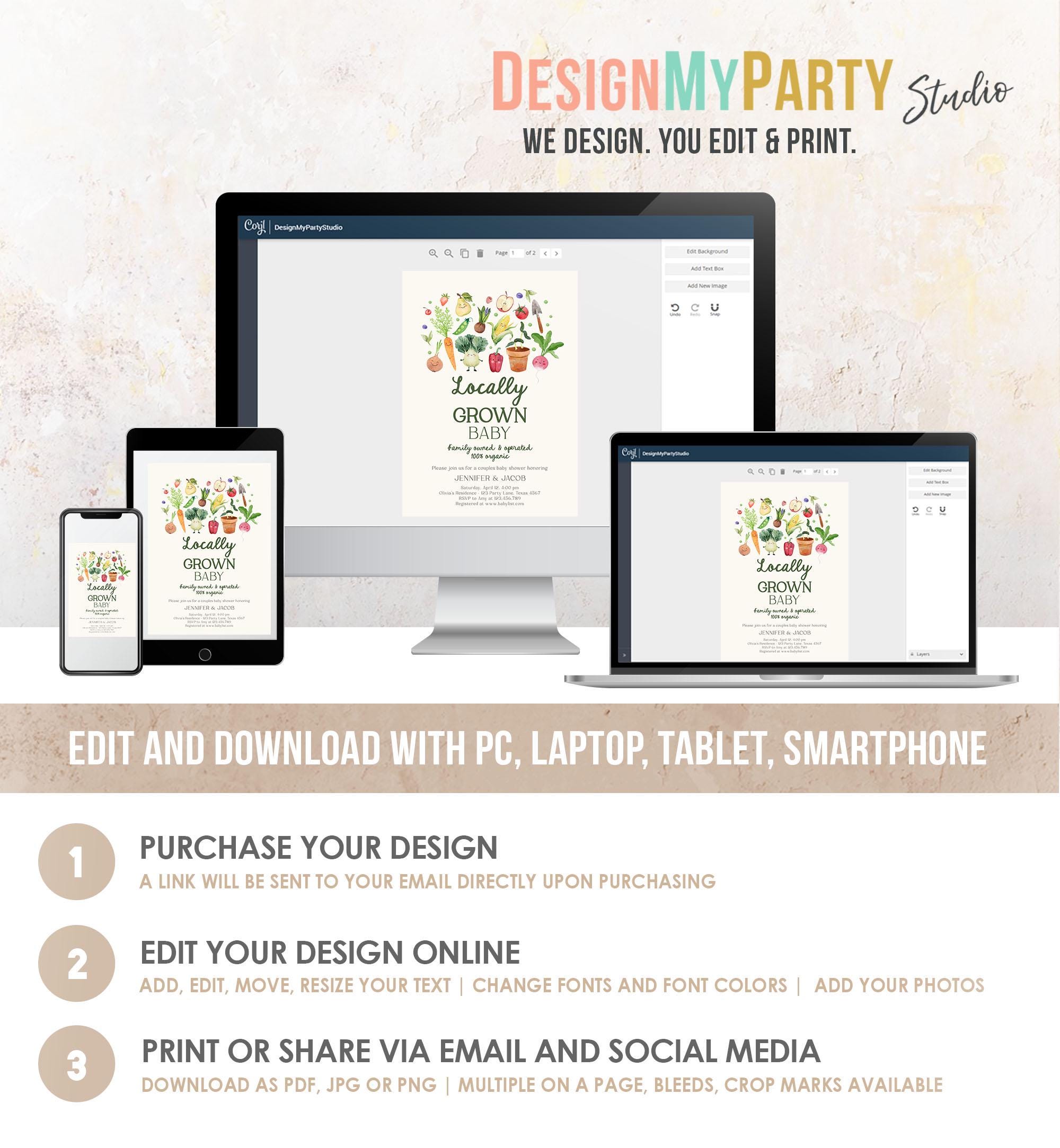 Editable Locally Grown Baby Shower Invitation Farmers Market Fruits and Veggies Vegetable Digital Download Evite Template Printable 0544