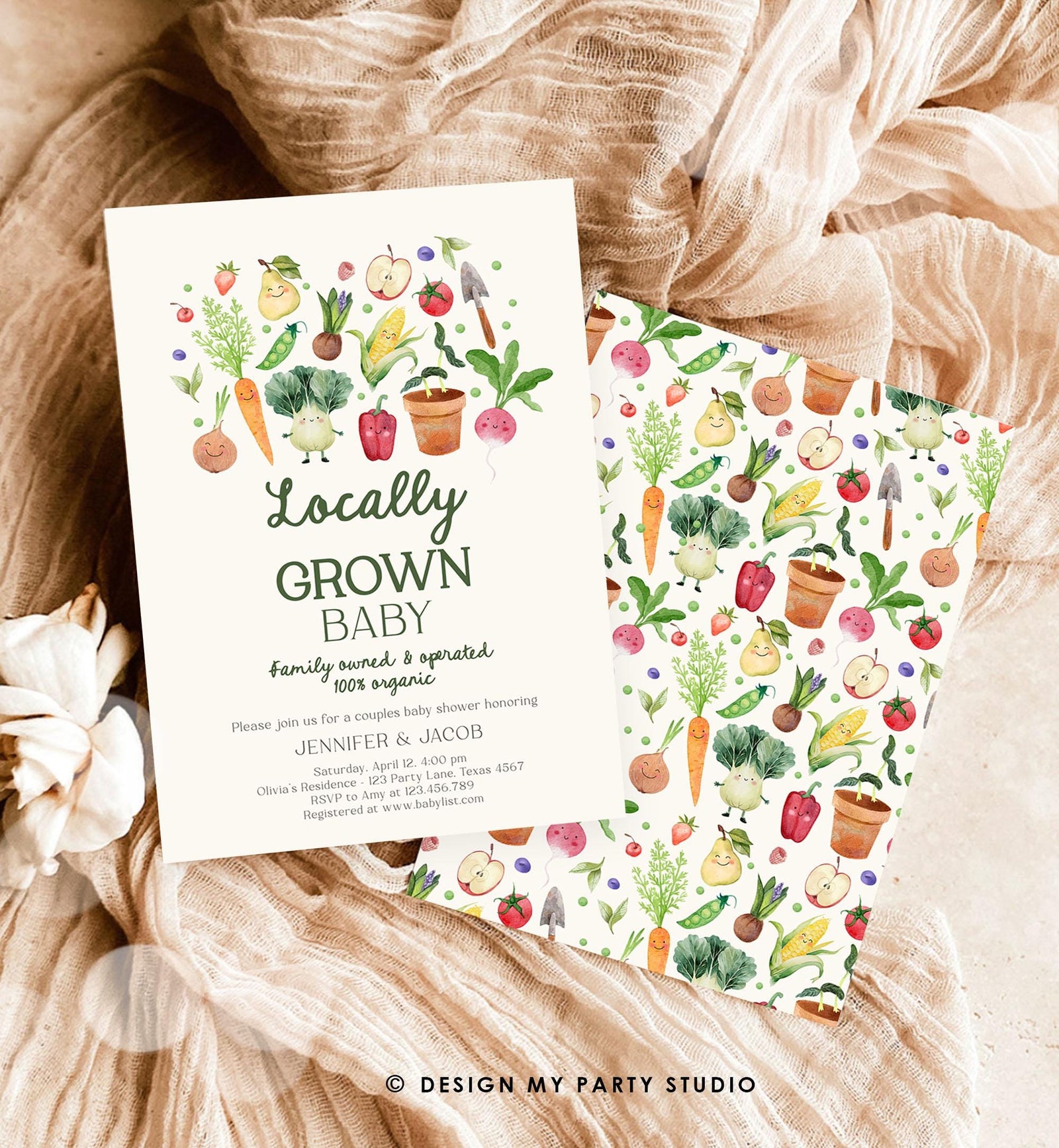 Editable Locally Grown Baby Shower Invitation Farmers Market Fruits and Veggies Vegetable Digital Download Evite Template Printable 0544