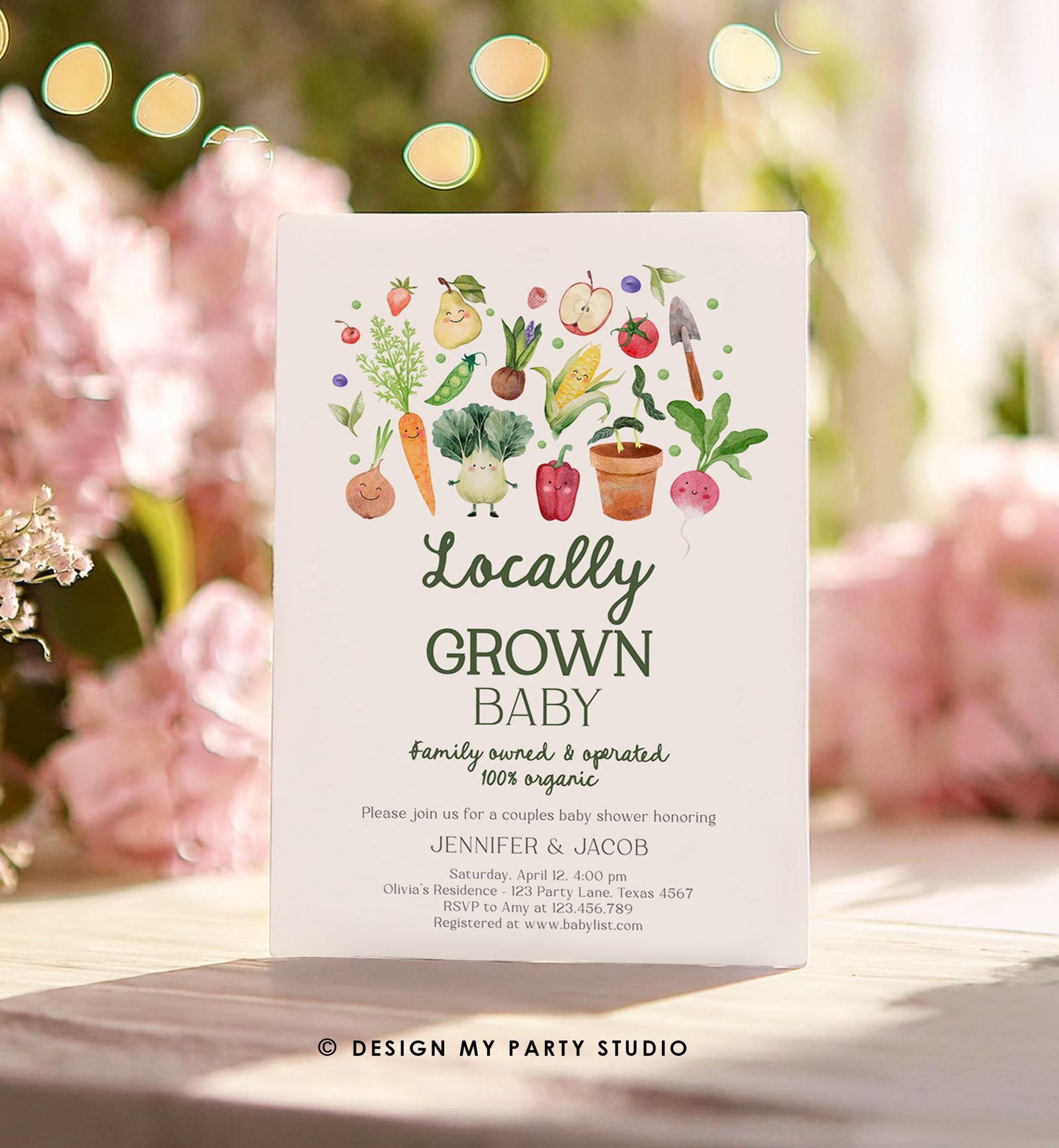 Editable Locally Grown Baby Shower Invitation Farmers Market Fruits and Veggies Vegetable Digital Download Evite Template Printable 0544