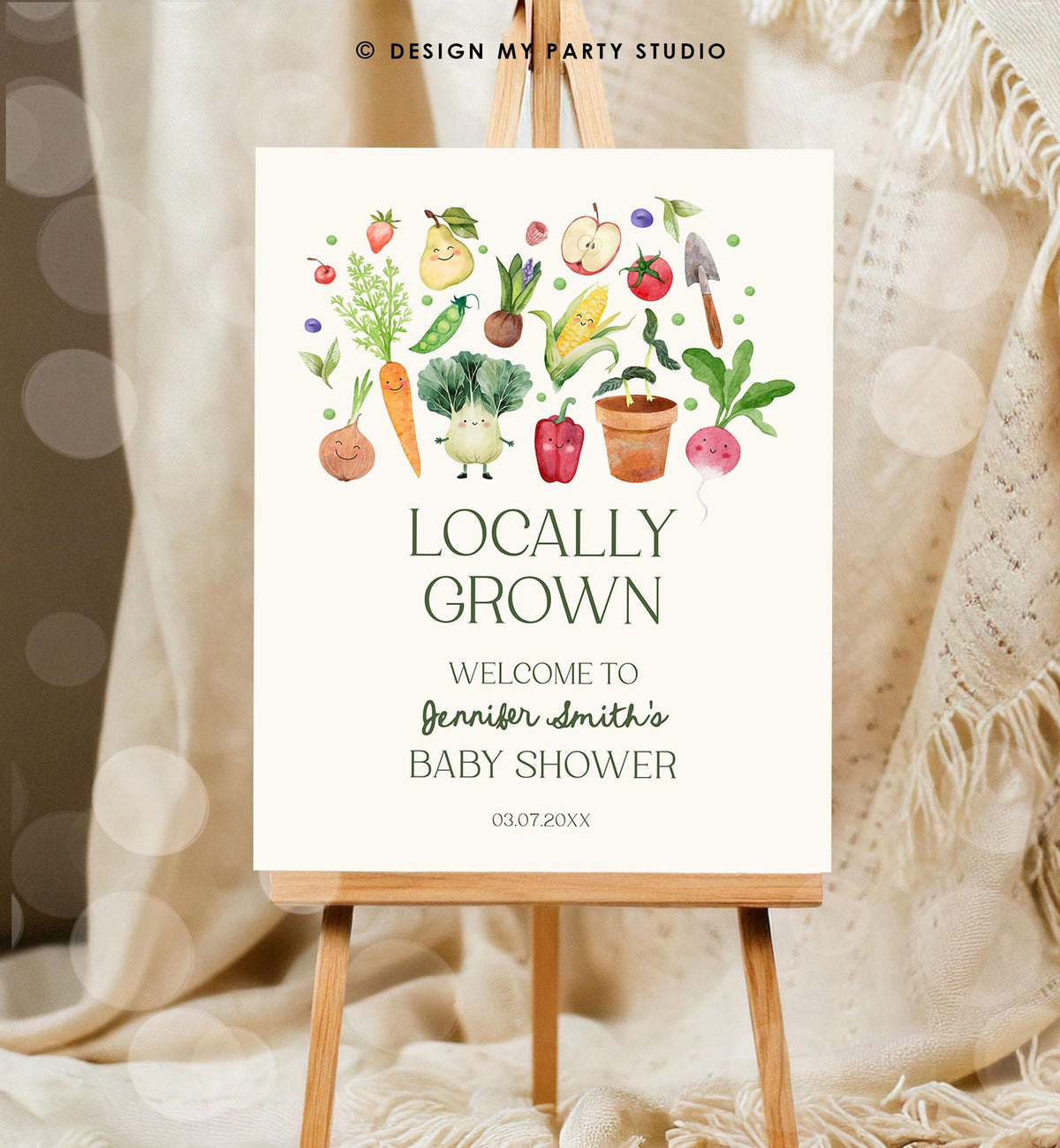 Editable Locally Grown Baby Shower Welcome Sign Farmers Market Fruit Vegetable Market Little Sprout Garden Download Template Printable 0544