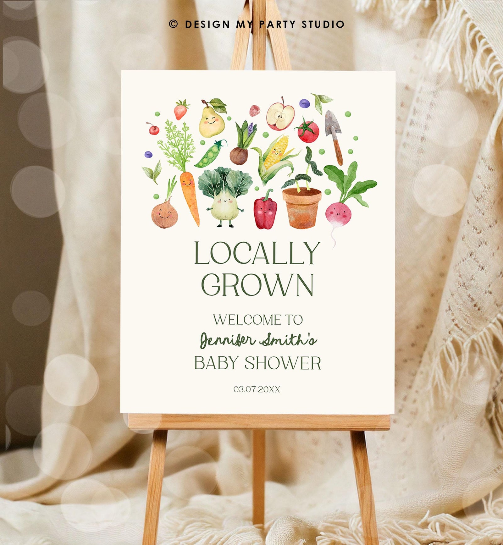 Editable Locally Grown Baby Shower Welcome Sign Farmers Market Fruit Vegetable Market Little Sprout Garden Download Template Printable 0544