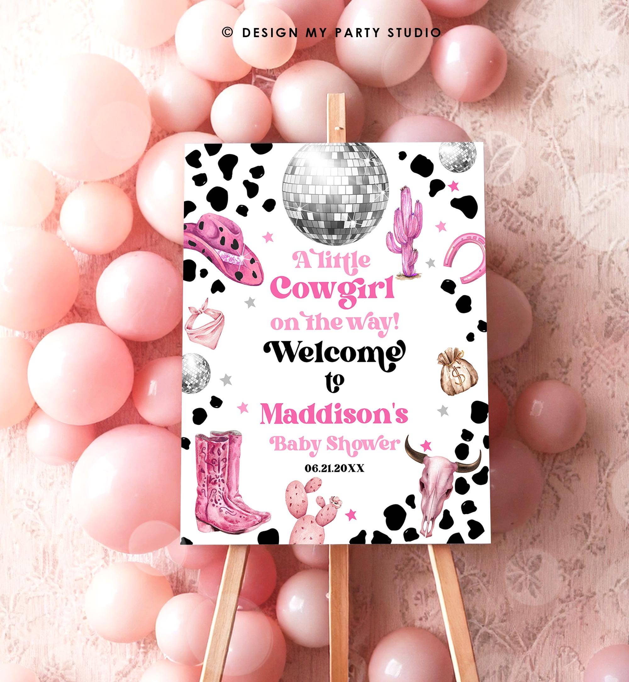 Editable Space Cowgirl Welcome Sign Disco Cowgirl Baby Shower Little Cowgirl on the Way Wild West Rodeo Digital Template Printable 0455