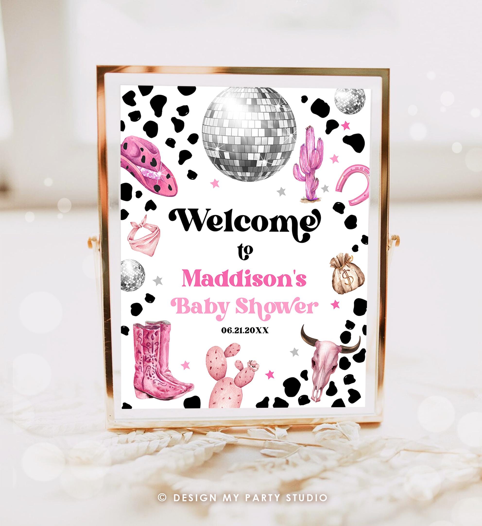 Editable Space Cowgirl Welcome Sign Disco Cowgirl Baby Shower Little Cowgirl on the Way Wild West Rodeo Digital Template Printable 0455