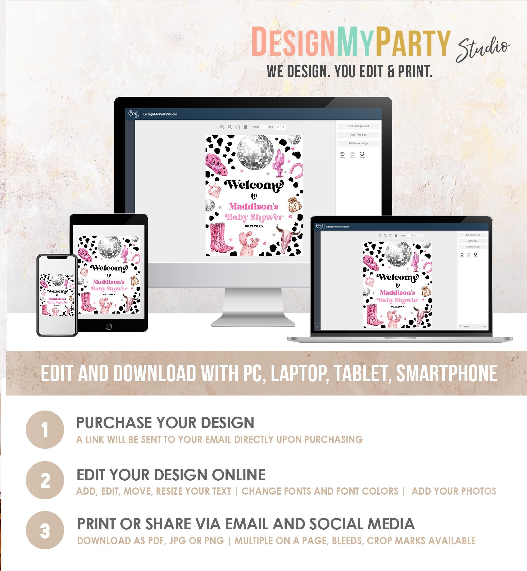 Editable Space Cowgirl Welcome Sign Disco Cowgirl Baby Shower Little Cowgirl on the Way Wild West Rodeo Digital Template Printable 0455