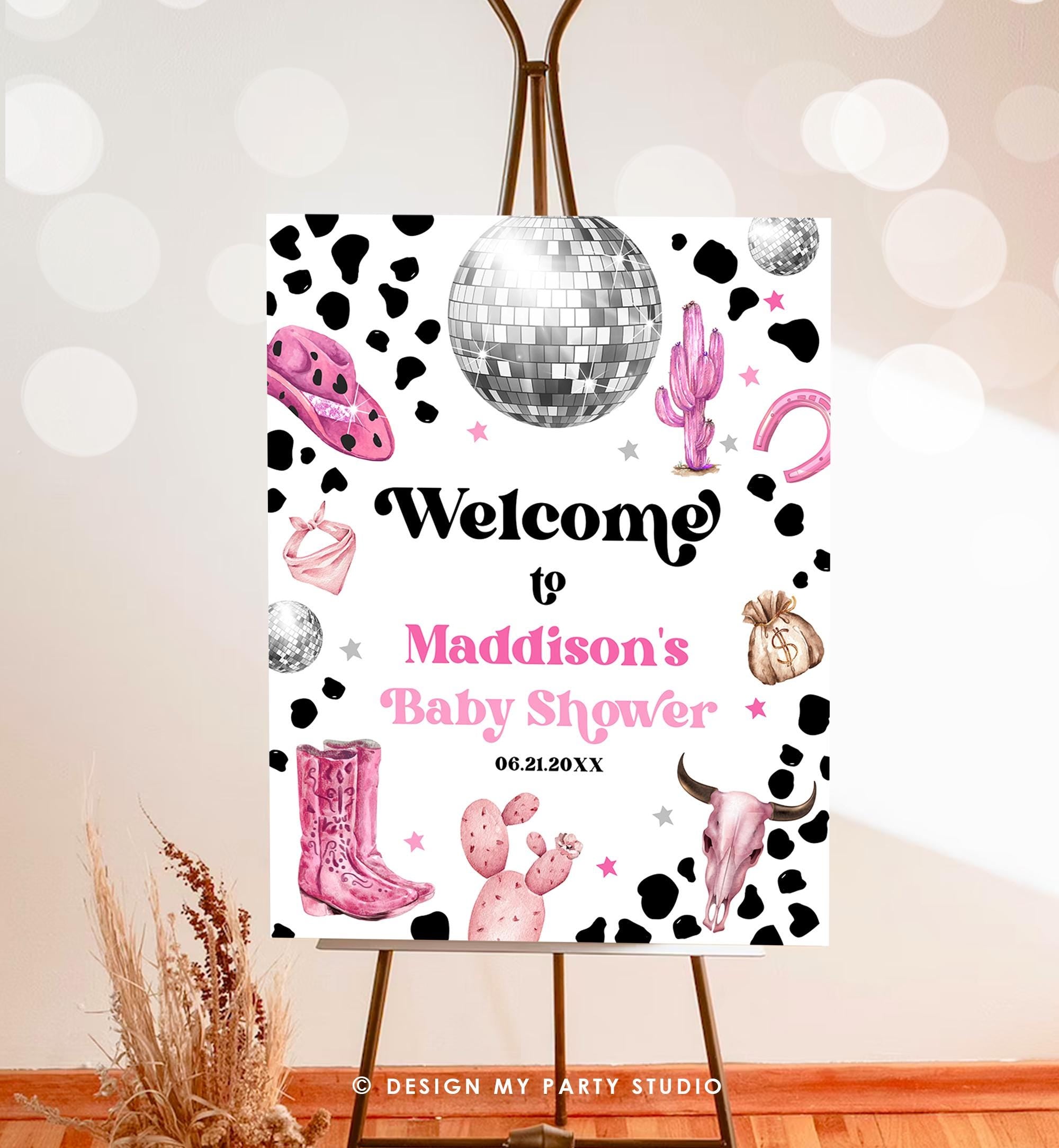 Editable Space Cowgirl Welcome Sign Disco Cowgirl Baby Shower Little Cowgirl on the Way Wild West Rodeo Digital Template Printable 0455