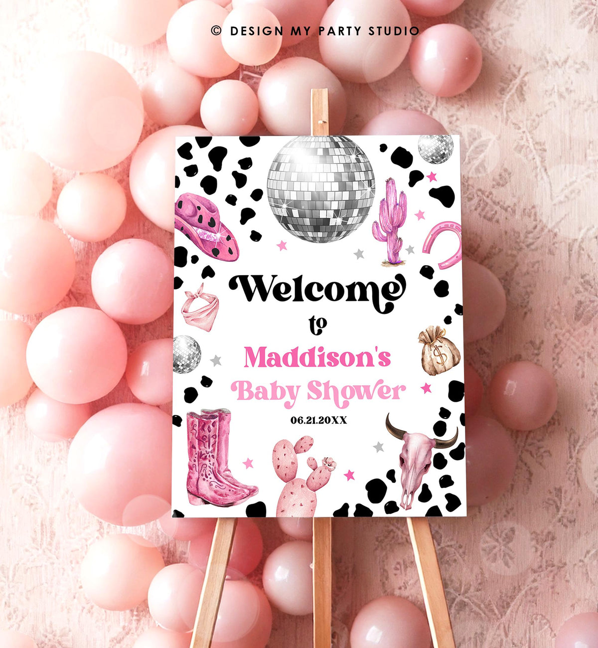 Editable Space Cowgirl Welcome Sign Disco Cowgirl Baby Shower Little Cowgirl on the Way Wild West Rodeo Digital Template Printable 0455