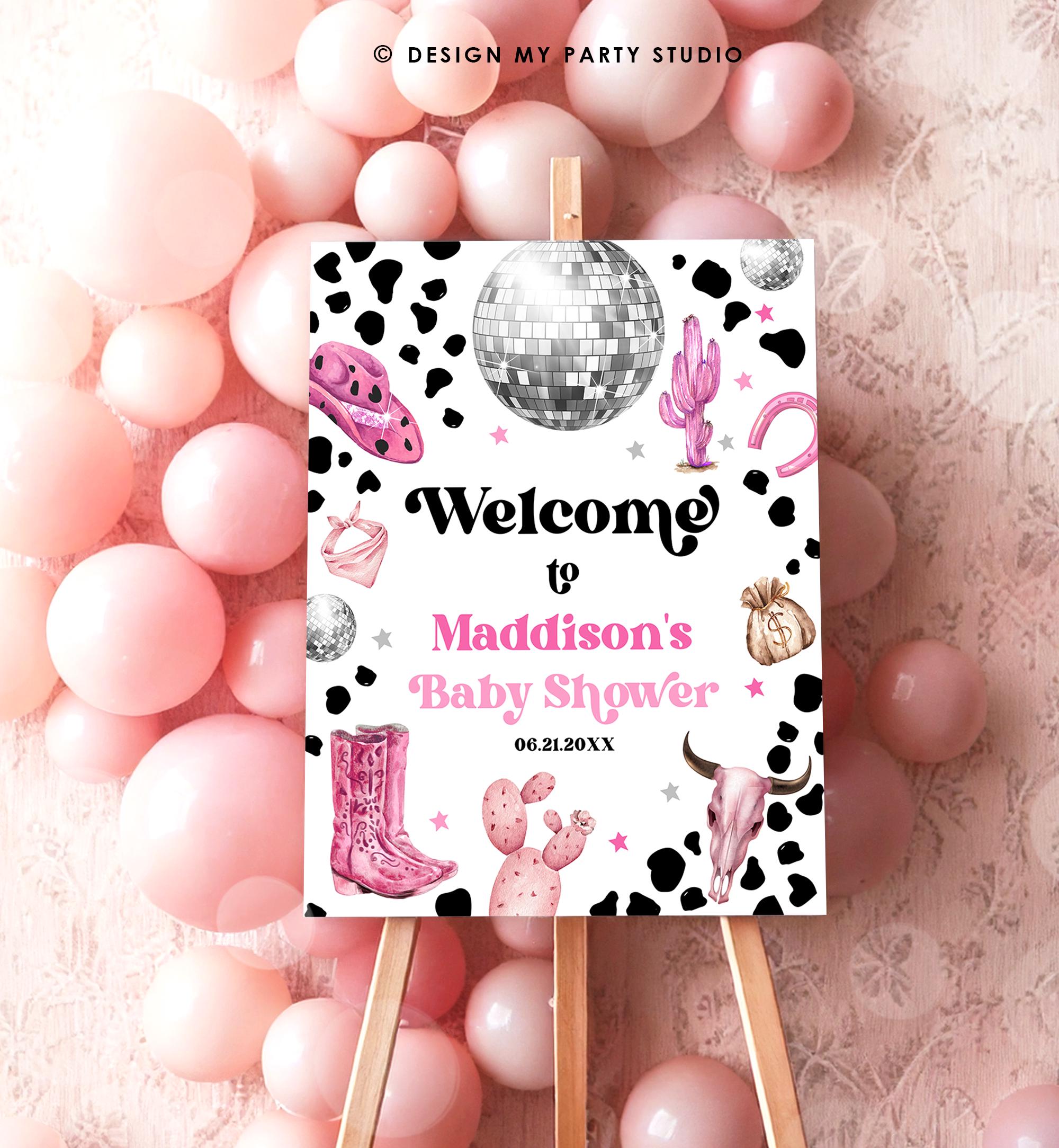 Editable Space Cowgirl Welcome Sign Disco Cowgirl Baby Shower Little Cowgirl on the Way Wild West Rodeo Digital Template Printable 0455
