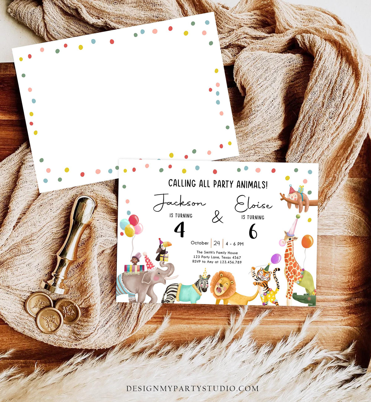 Editable Calling All Party Animals Birthday Invitation Joint Party Siblings Coed Zoo Safari Animals Boy Girl Digital Template Printable 0482