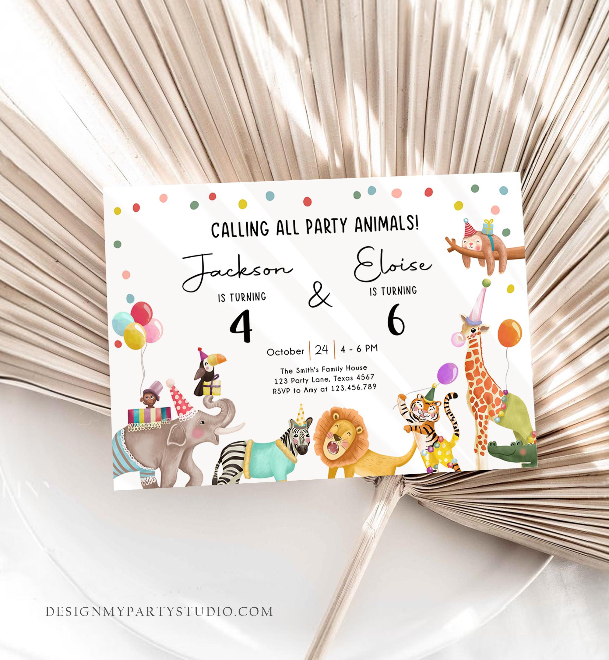 Editable Calling All Party Animals Birthday Invitation Joint Party Siblings Coed Zoo Safari Animals Boy Girl Digital Template Printable 0482