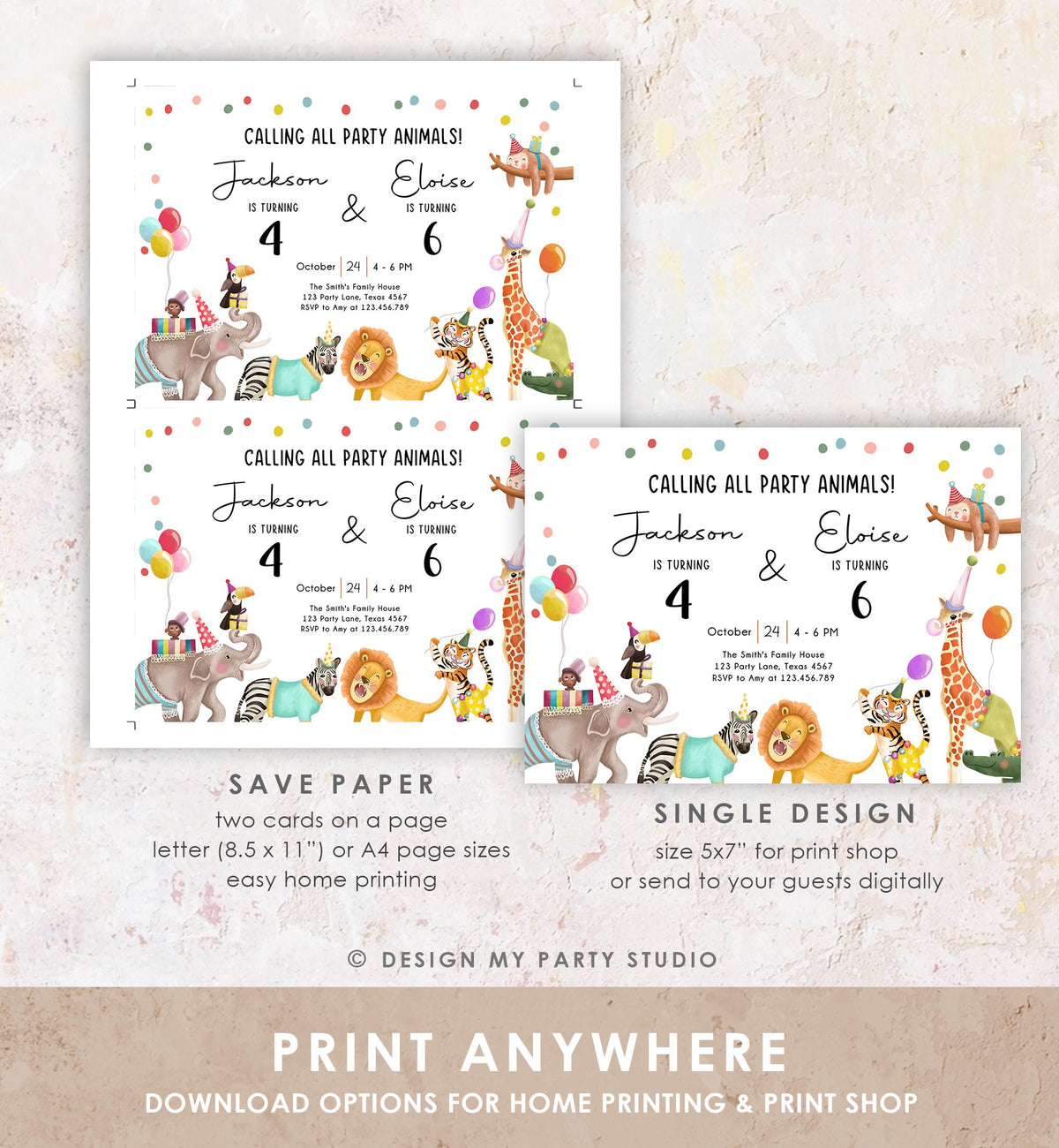 Editable Calling All Party Animals Birthday Invitation Joint Party Siblings Coed Zoo Safari Animals Boy Girl Digital Template Printable 0482