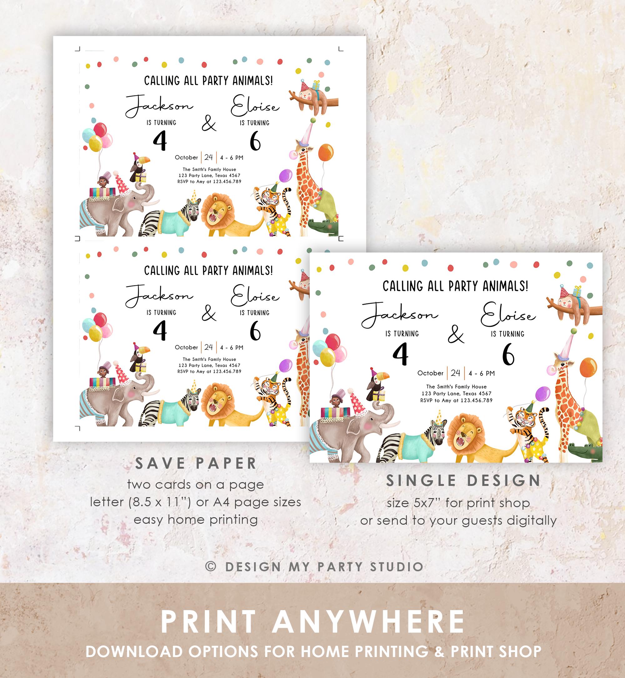 Editable Calling All Party Animals Birthday Invitation Joint Party Siblings Coed Zoo Safari Animals Boy Girl Digital Template Printable 0482