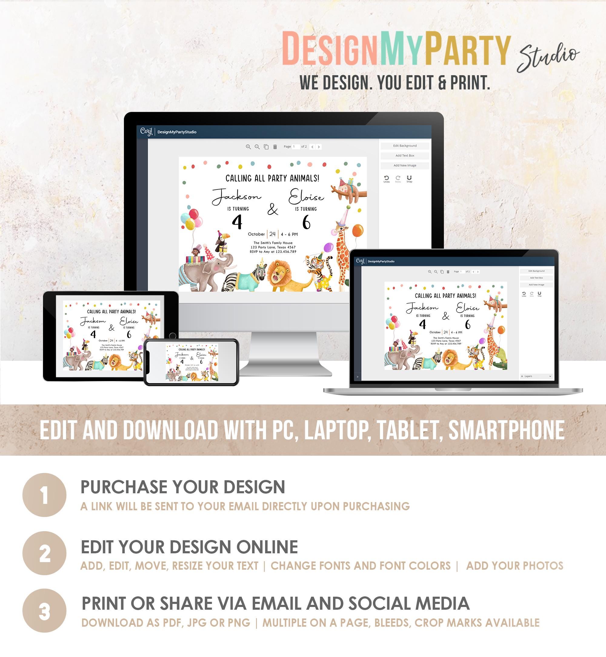 Editable Calling All Party Animals Birthday Invitation Joint Party Siblings Coed Zoo Safari Animals Boy Girl Digital Template Printable 0482