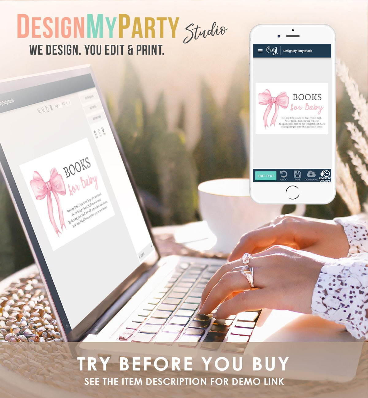 Editable Pink Bow Bring a Book Card Bloom Coquette Books for Baby Book Request Insert Card Digital Download Template Printable 0527