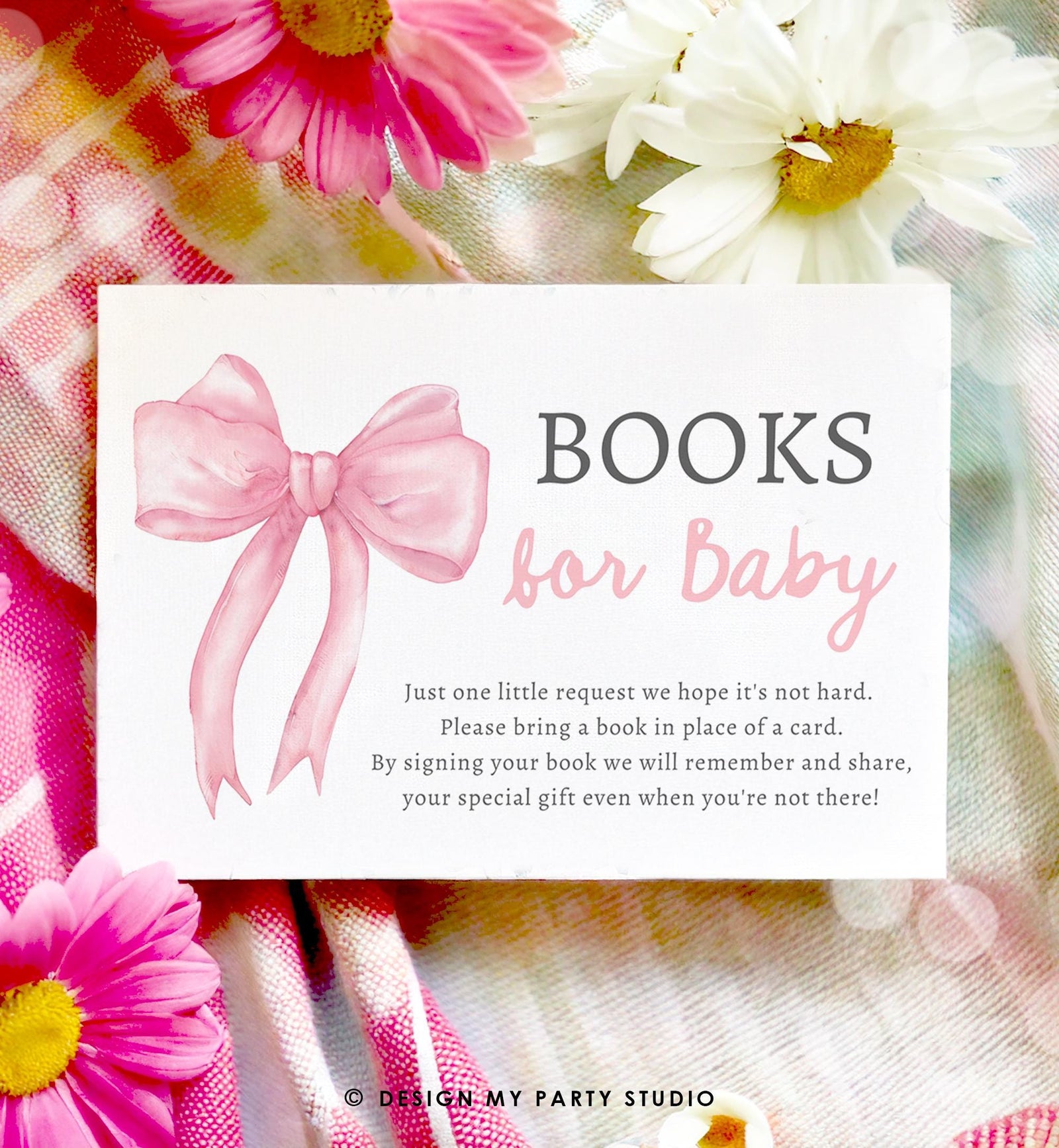 Editable Pink Bow Bring a Book Card Bloom Coquette Books for Baby Book Request Insert Card Digital Download Template Printable 0527