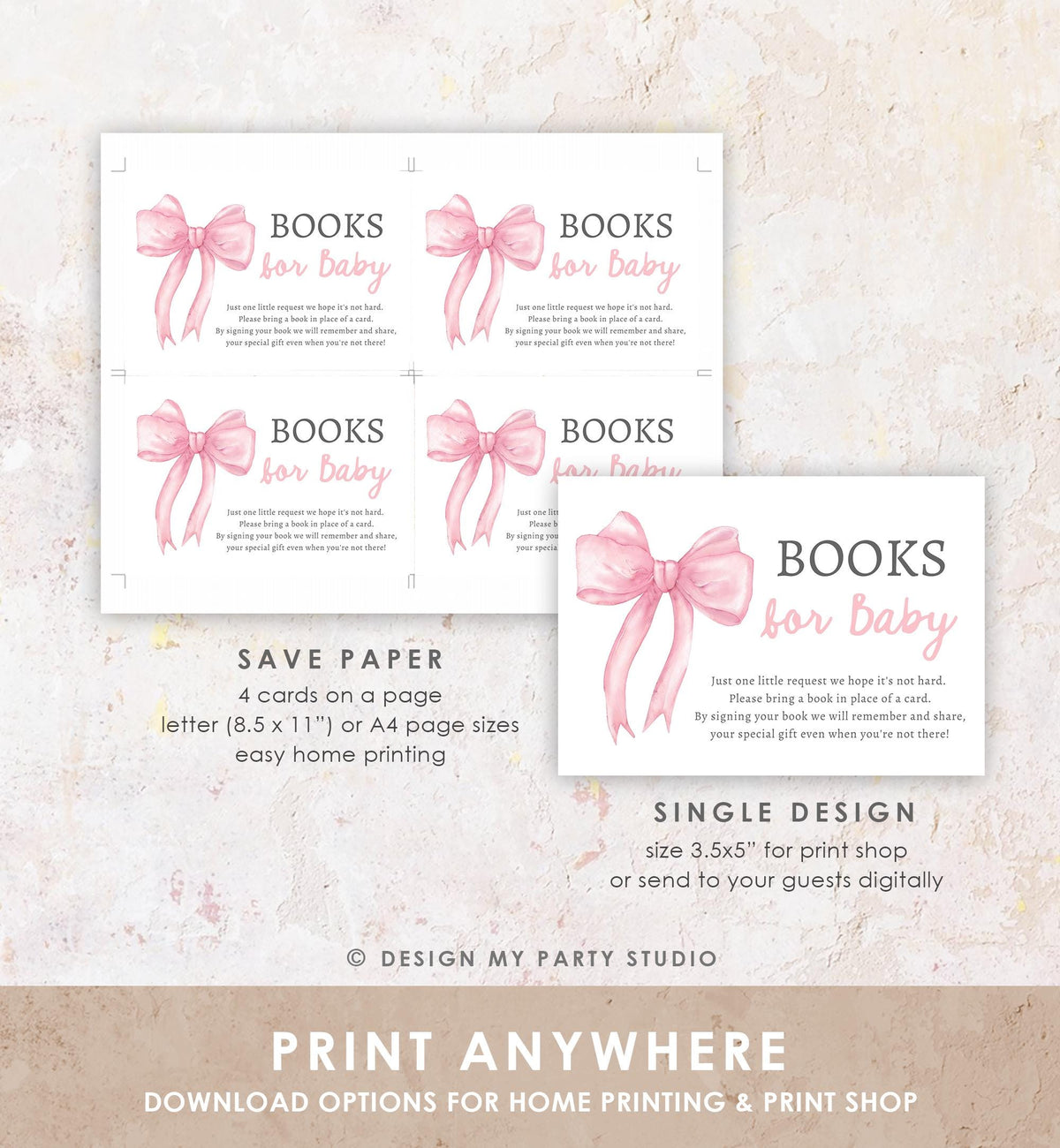 Editable Pink Bow Bring a Book Card Bloom Coquette Books for Baby Book Request Insert Card Digital Download Template Printable 0527