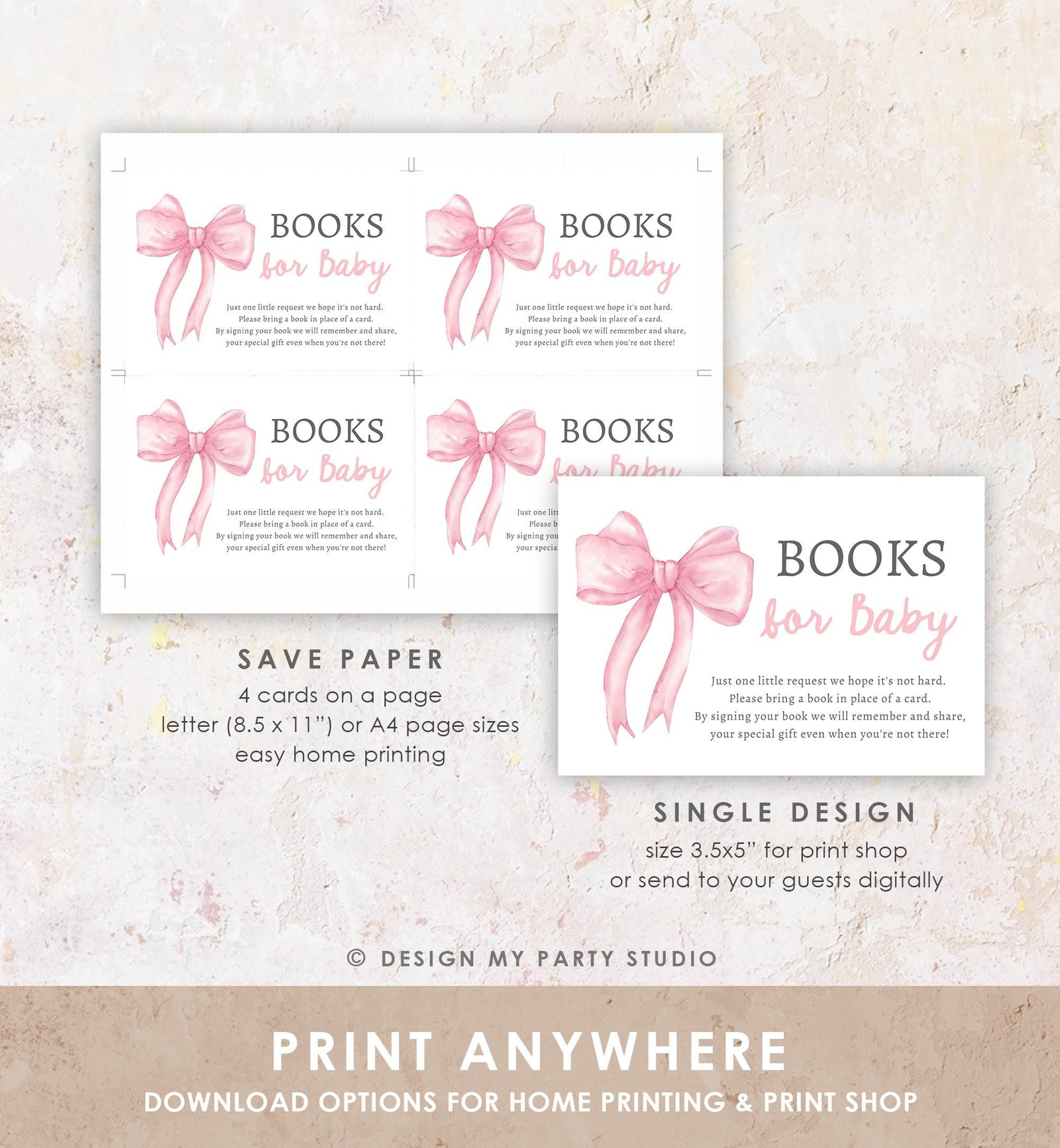 Editable Pink Bow Bring a Book Card Bloom Coquette Books for Baby Book Request Insert Card Digital Download Template Printable 0527