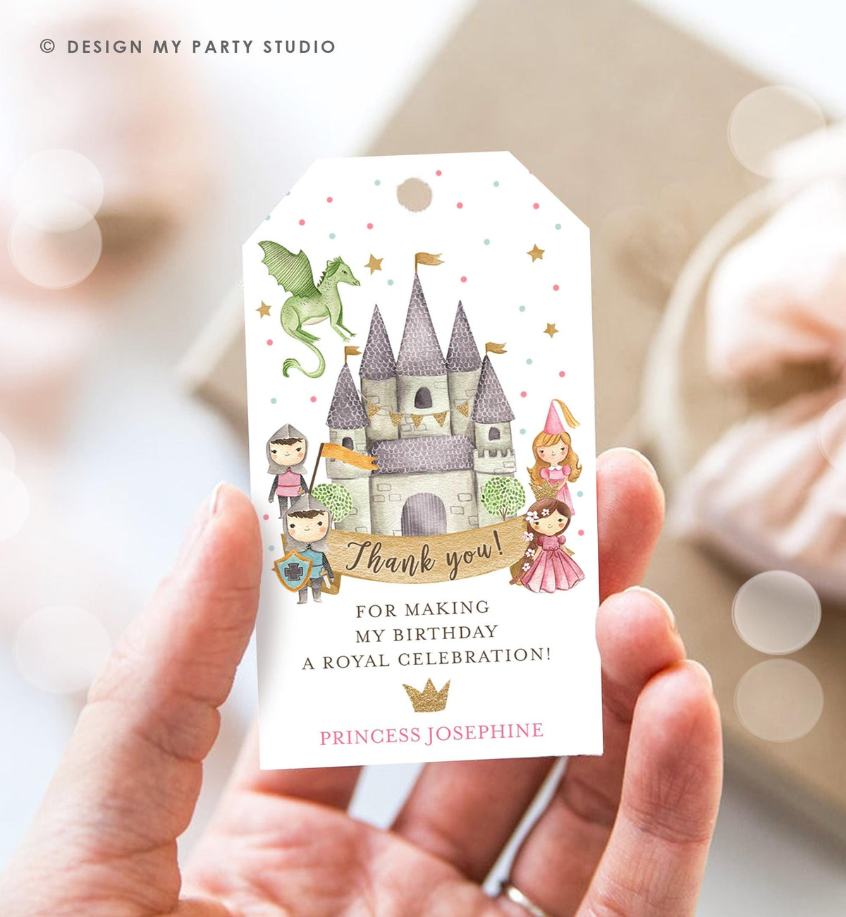 Editable Princess and Knight Favor Tag Gift Thank You Dragon Castle Birthday Royal Party Costume Magical Digital Template Printable 0171