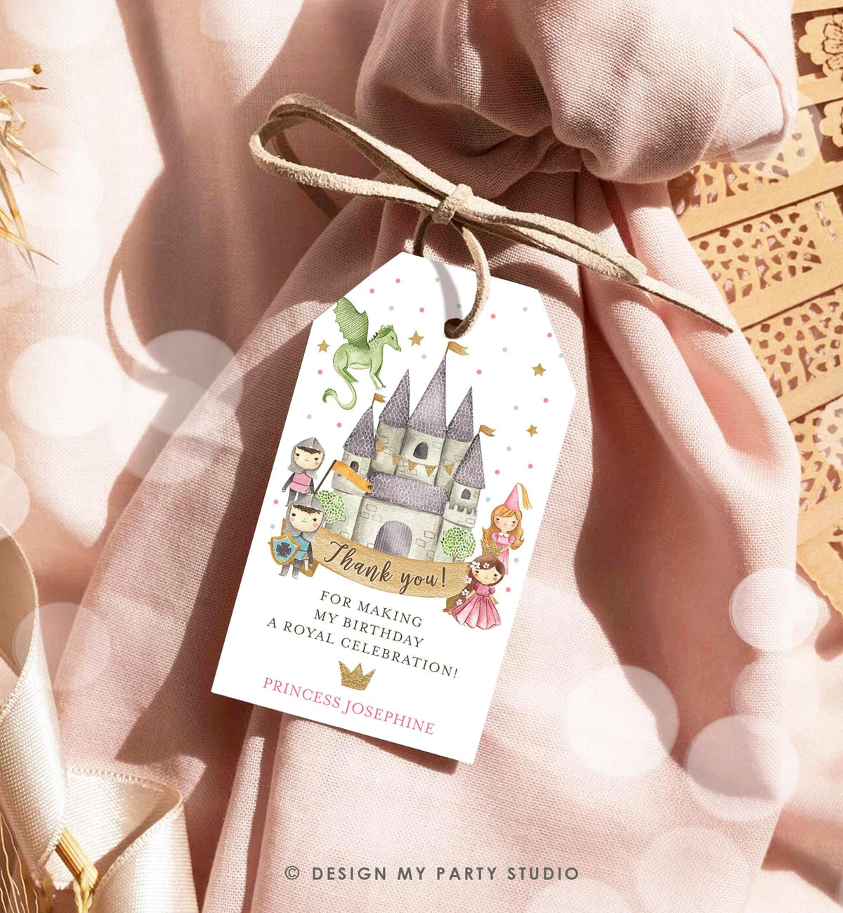 Editable Princess and Knight Favor Tag Gift Thank You Dragon Castle Birthday Royal Party Costume Magical Digital Template Printable 0171