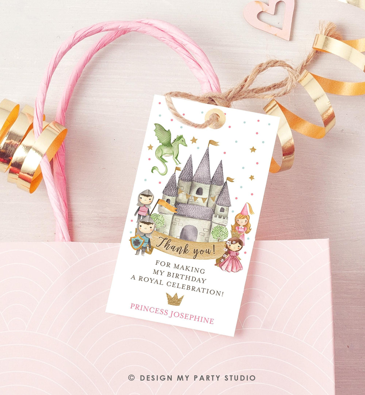 Editable Princess and Knight Favor Tag Gift Thank You Dragon Castle Birthday Royal Party Costume Magical Digital Template Printable 0171
