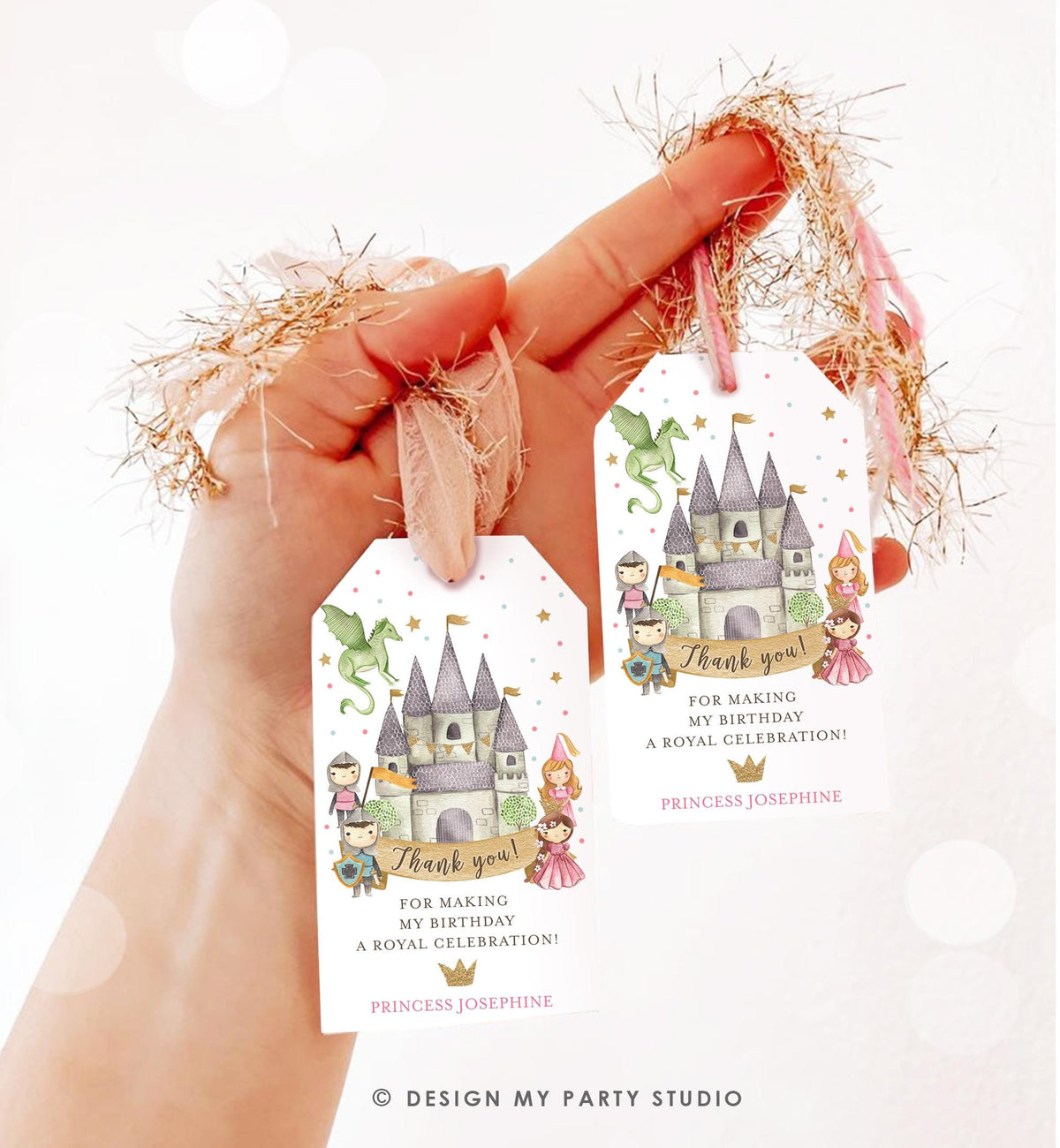 Editable Princess and Knight Favor Tag Gift Thank You Dragon Castle Birthday Royal Party Costume Magical Digital Template Printable 0171