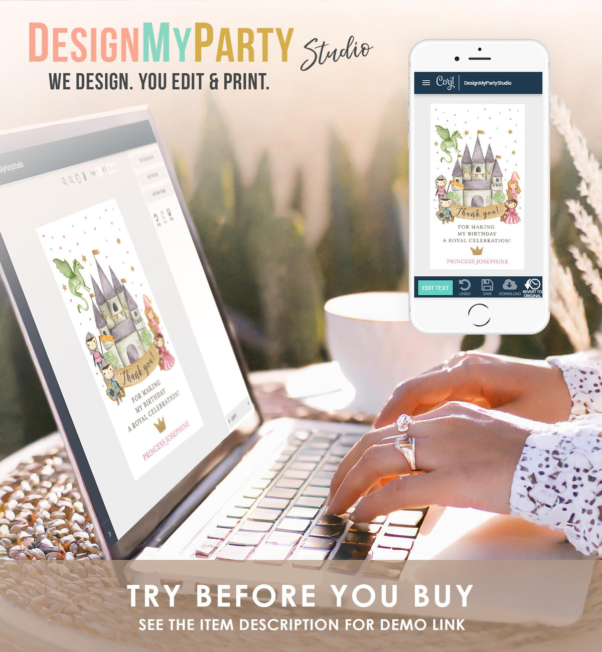 Editable Princess and Knight Favor Tag Gift Thank You Dragon Castle Birthday Royal Party Costume Magical Digital Template Printable 0171