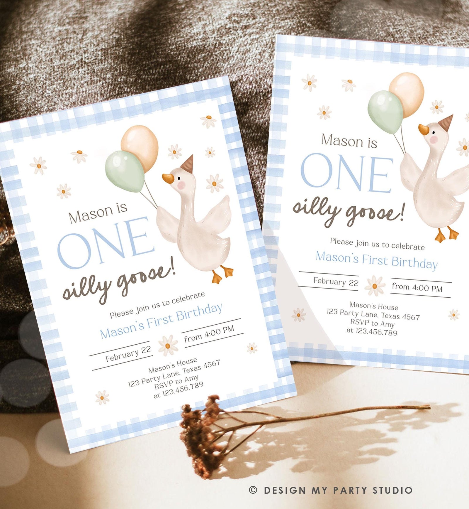 Editable Silly Goose Birthday Invitation Boy Spring Birthday Party Farm Goose 1st Birthday Blue Digital Download Template Printable 0540