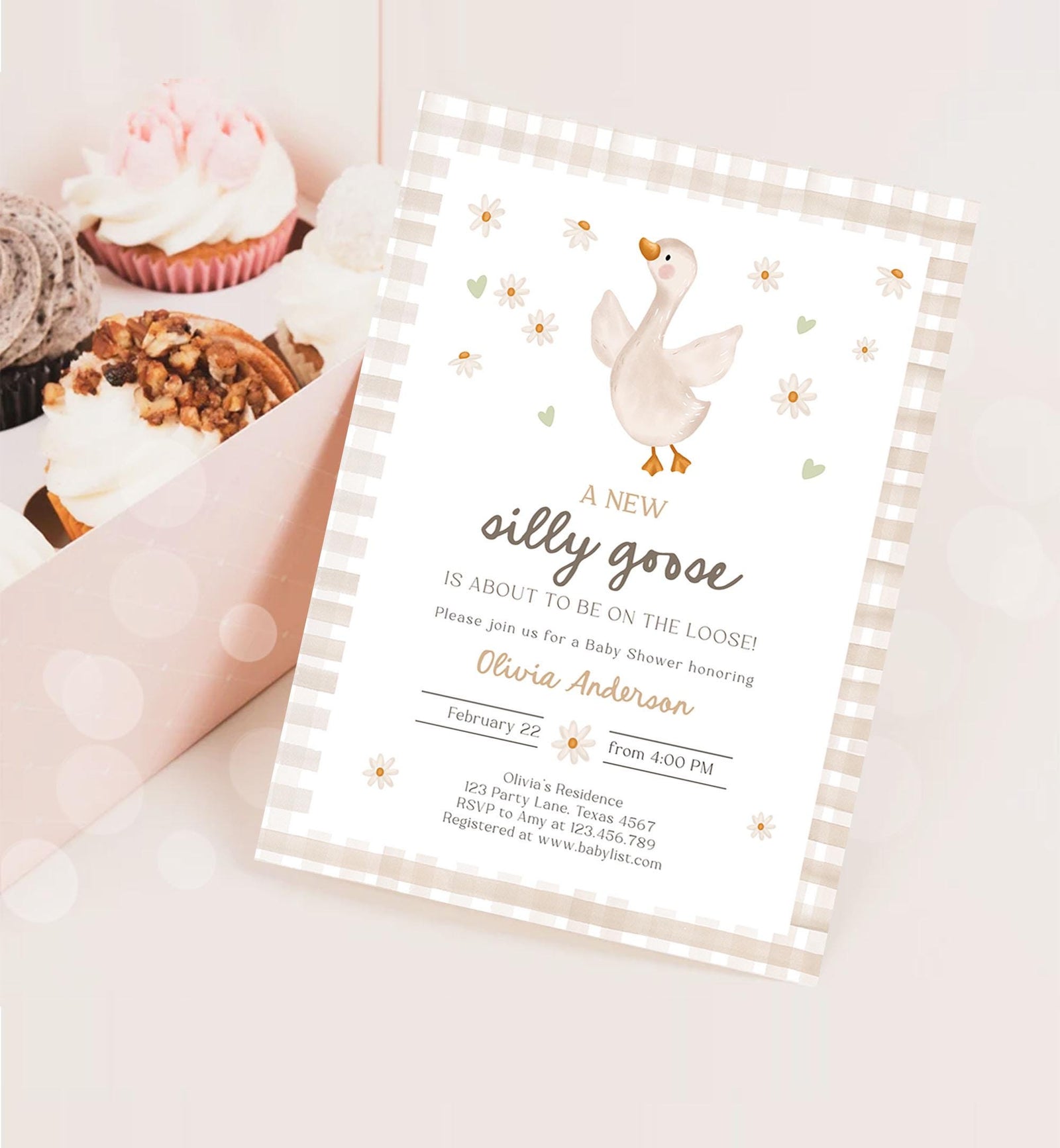 Editable Silly Goose Baby Shower Invitation Neutral Spring Shower Party Farm Daisy Gingham Boy Girl Digital Download Template Printable 0540