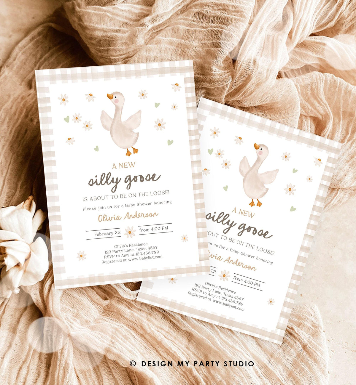Editable Silly Goose Baby Shower Invitation Neutral Spring Shower Party Farm Daisy Gingham Boy Girl Digital Download Template Printable 0540