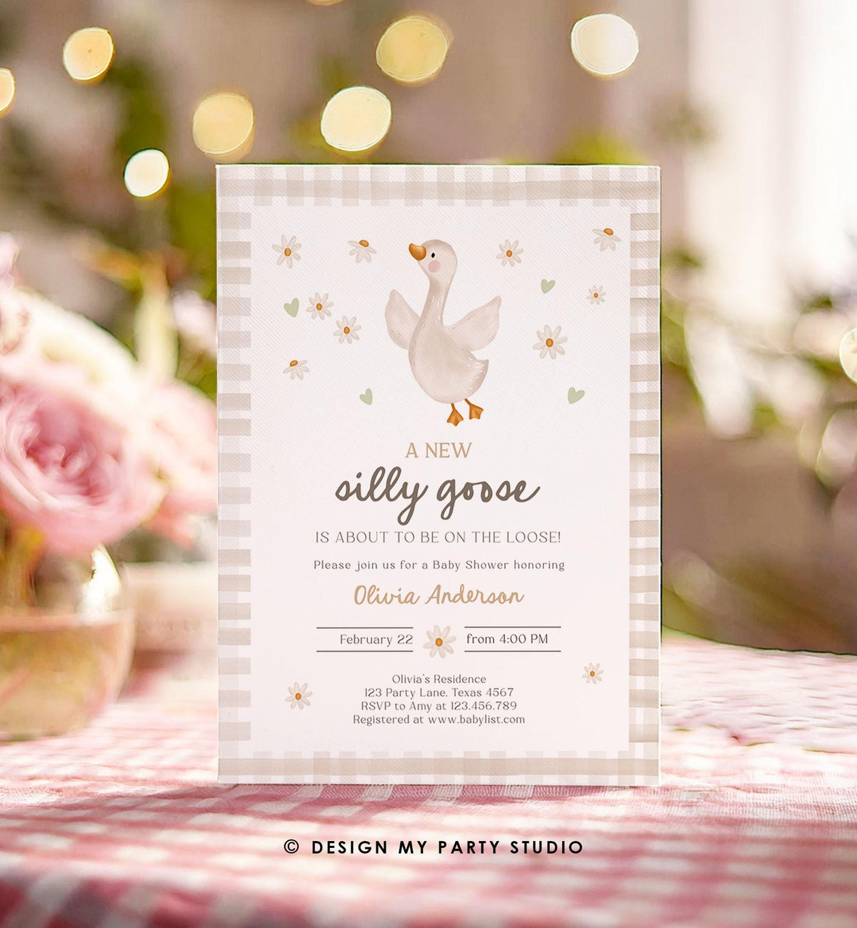 Editable Silly Goose Baby Shower Invitation Neutral Spring Shower Party Farm Daisy Gingham Boy Girl Digital Download Template Printable 0540