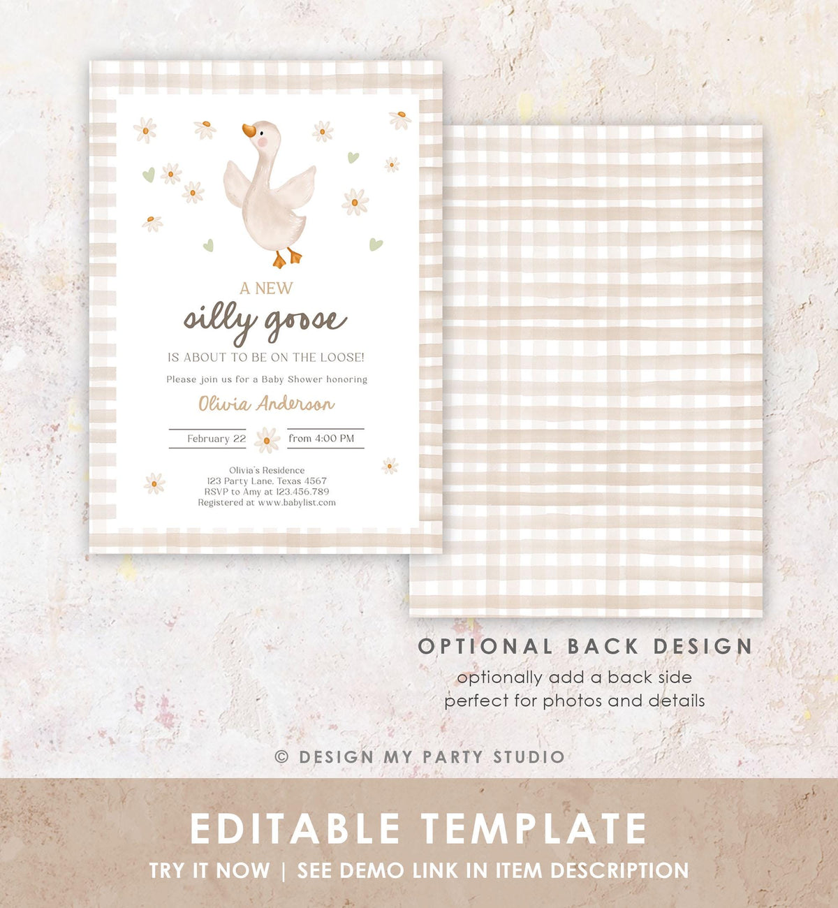 Editable Silly Goose Baby Shower Invitation Neutral Spring Shower Party Farm Daisy Gingham Boy Girl Digital Download Template Printable 0540