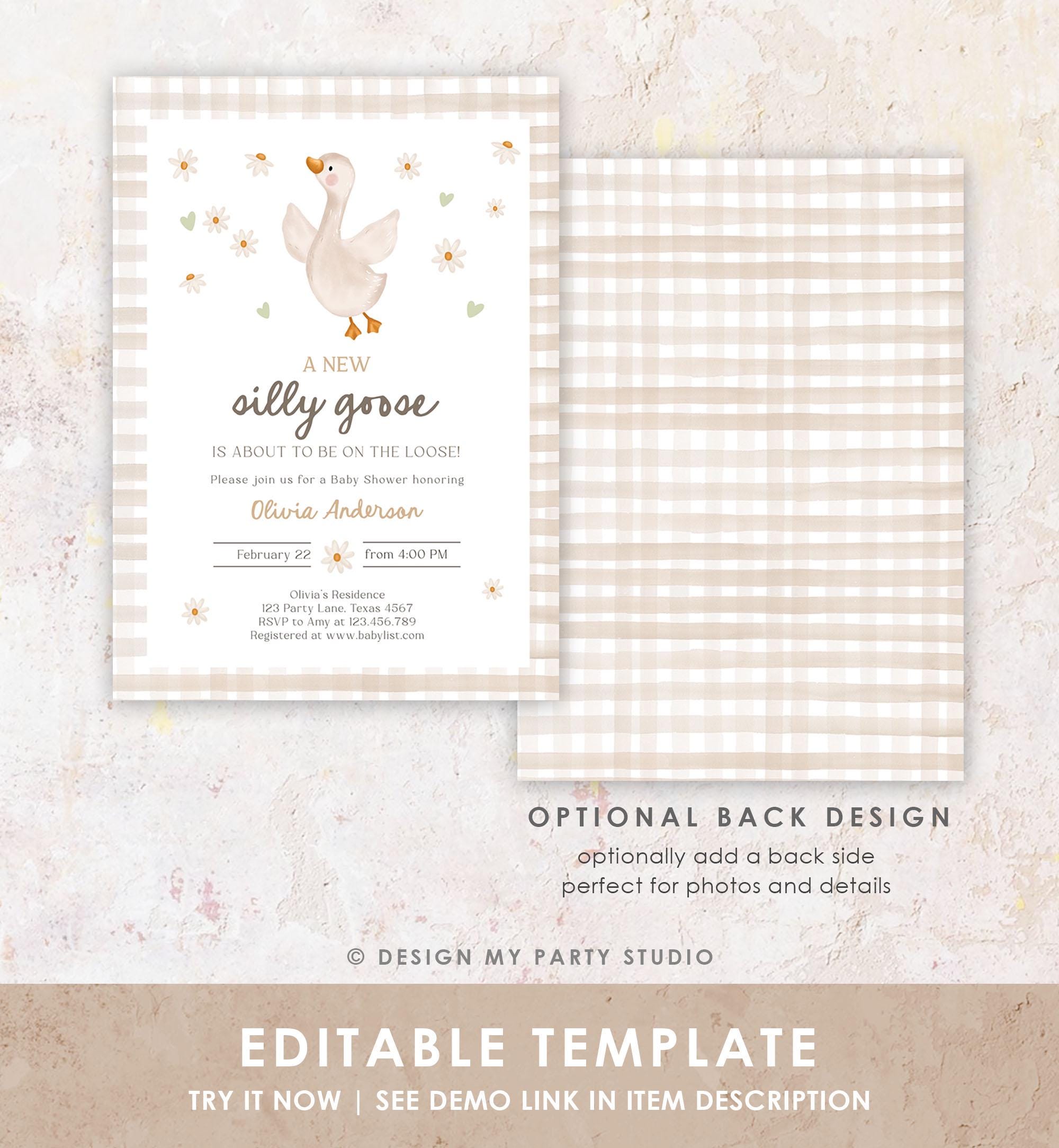 Editable Silly Goose Baby Shower Invitation Neutral Spring Shower Party Farm Daisy Gingham Boy Girl Digital Download Template Printable 0540