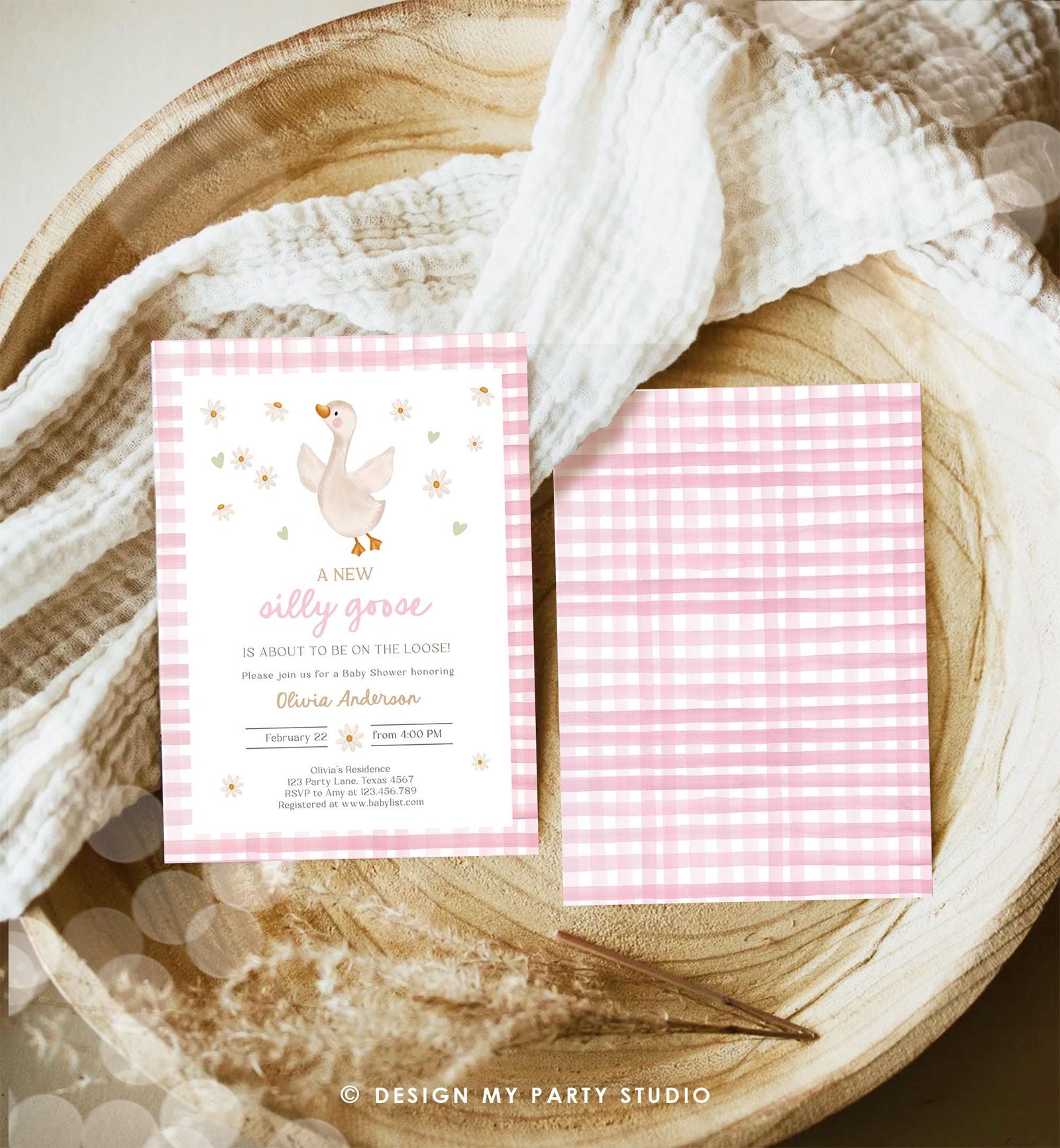 Editable Silly Goose Baby Shower Invitation Girl Spring Shower Party Farm Geese Daisy Gingham Pink Digital Download Template Printable 0540