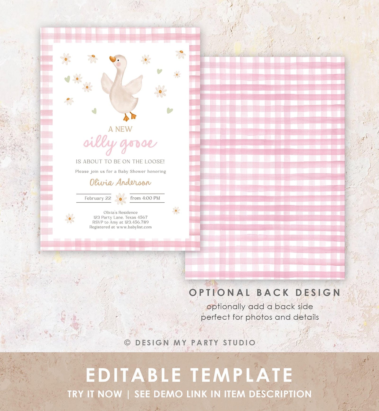 Editable Silly Goose Baby Shower Invitation Girl Spring Shower Party Farm Geese Daisy Gingham Pink Digital Download Template Printable 0540