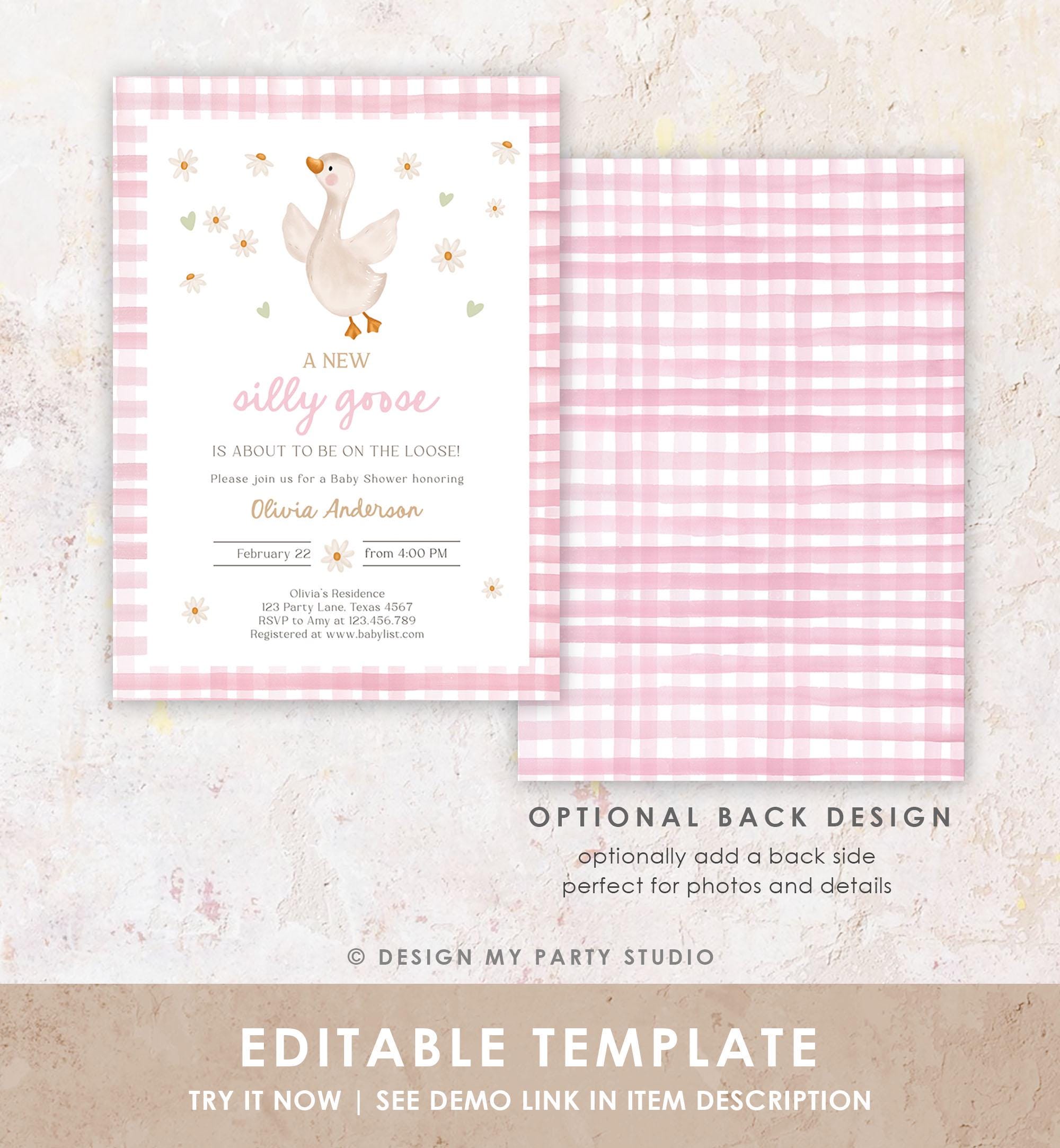 Editable Silly Goose Baby Shower Invitation Girl Spring Shower Party Farm Geese Daisy Gingham Pink Digital Download Template Printable 0540