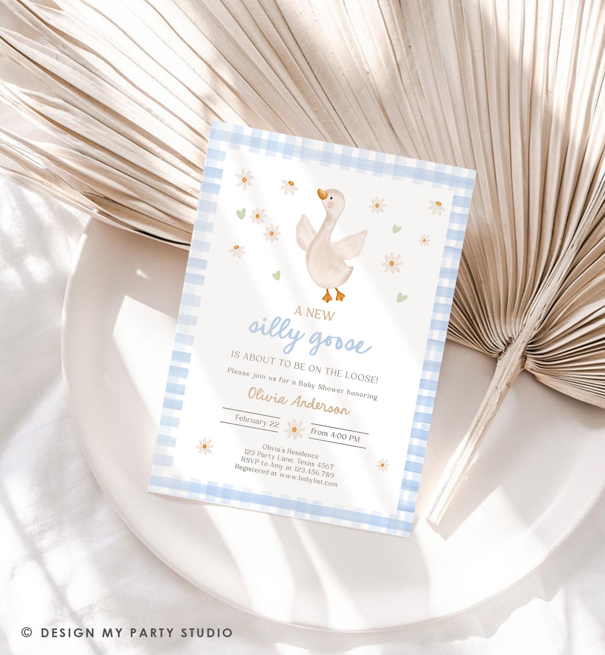 Editable Silly Goose Baby Shower Invitation Boy Spring Shower Party Farm Geese Daisy Gingham Blue Digital Download Template Printable 0540