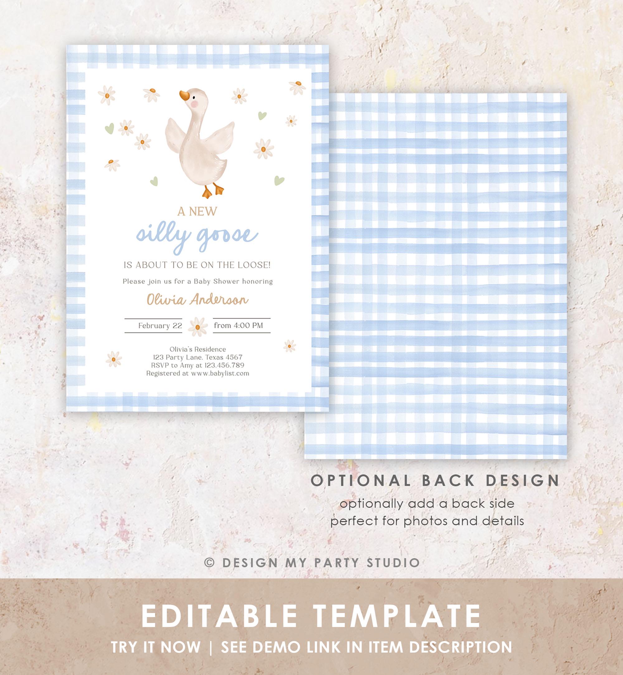 Editable Silly Goose Baby Shower Invitation Boy Spring Shower Party Farm Geese Daisy Gingham Blue Digital Download Template Printable 0540