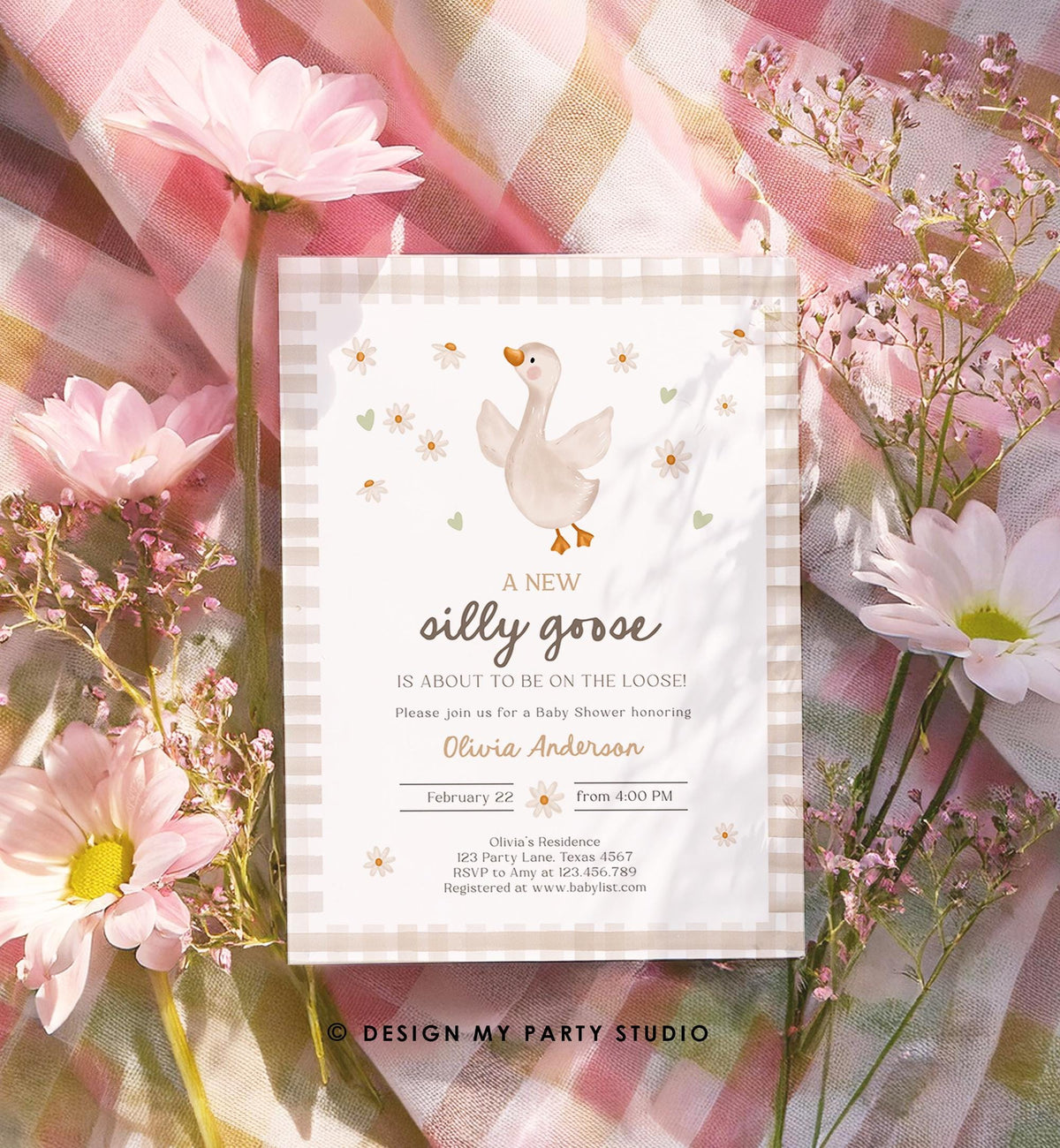 Editable Silly Goose Baby Shower Invitation Neutral Spring Shower Party Farm Daisy Gingham Boy Girl Digital Download Template Printable 0540